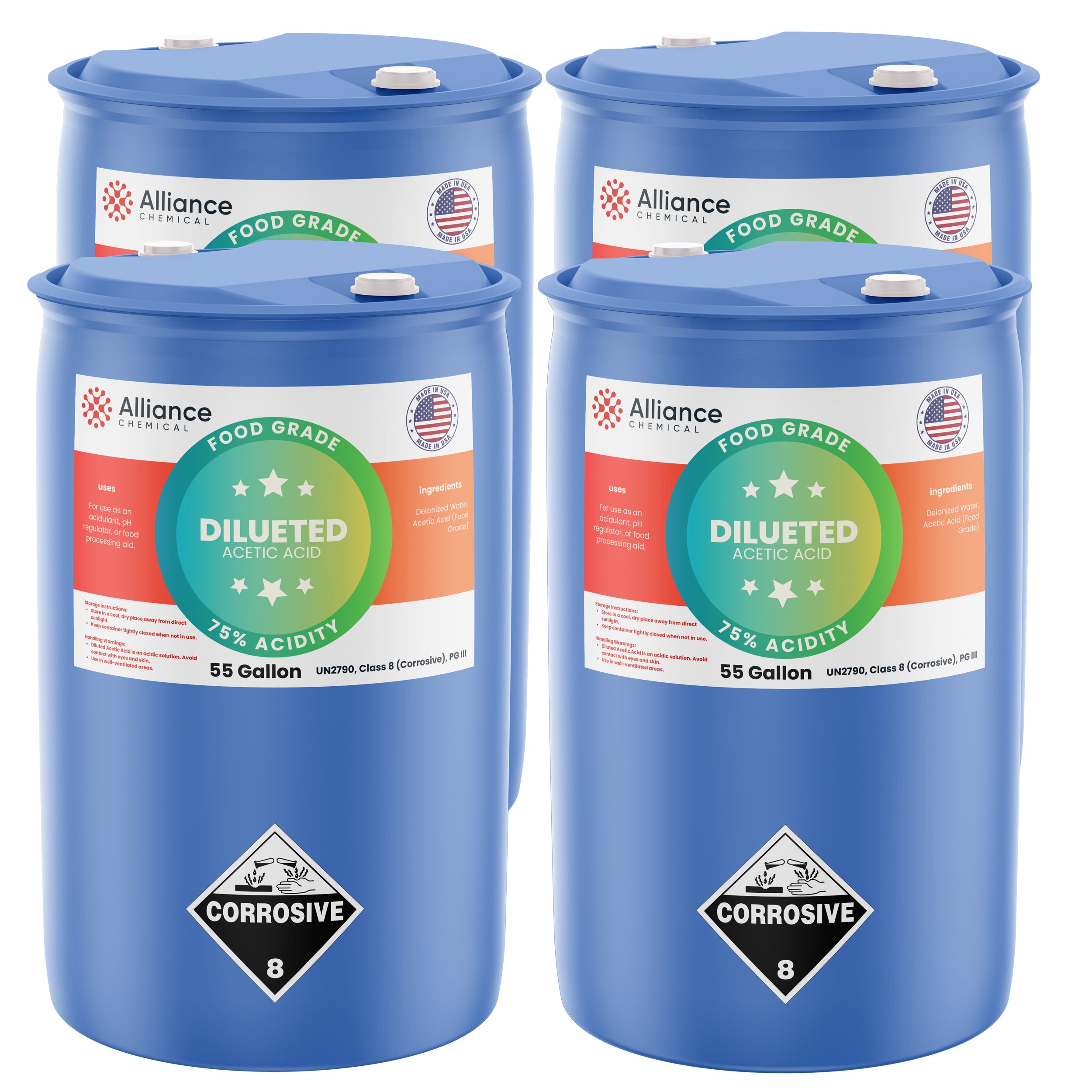 Alliance Chemical 75% diluted acetic acid food grade in blue 55-gallon plastic drum with corrosive warning