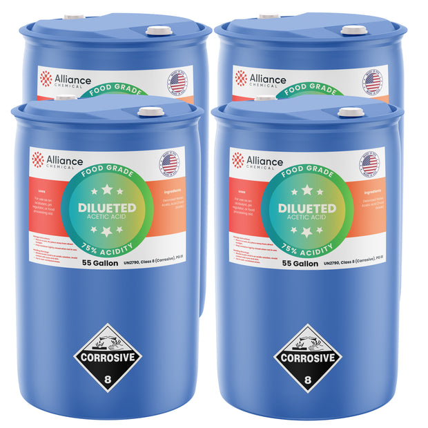 Alliance Chemical 75% diluted acetic acid food grade in blue 55-gallon plastic drum with corrosive warning