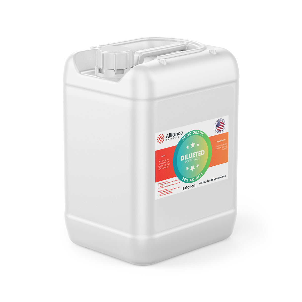 Alliance Chemical 75% diluted acetic acid food grade in a white 5-gallon HDPE jug with a spout