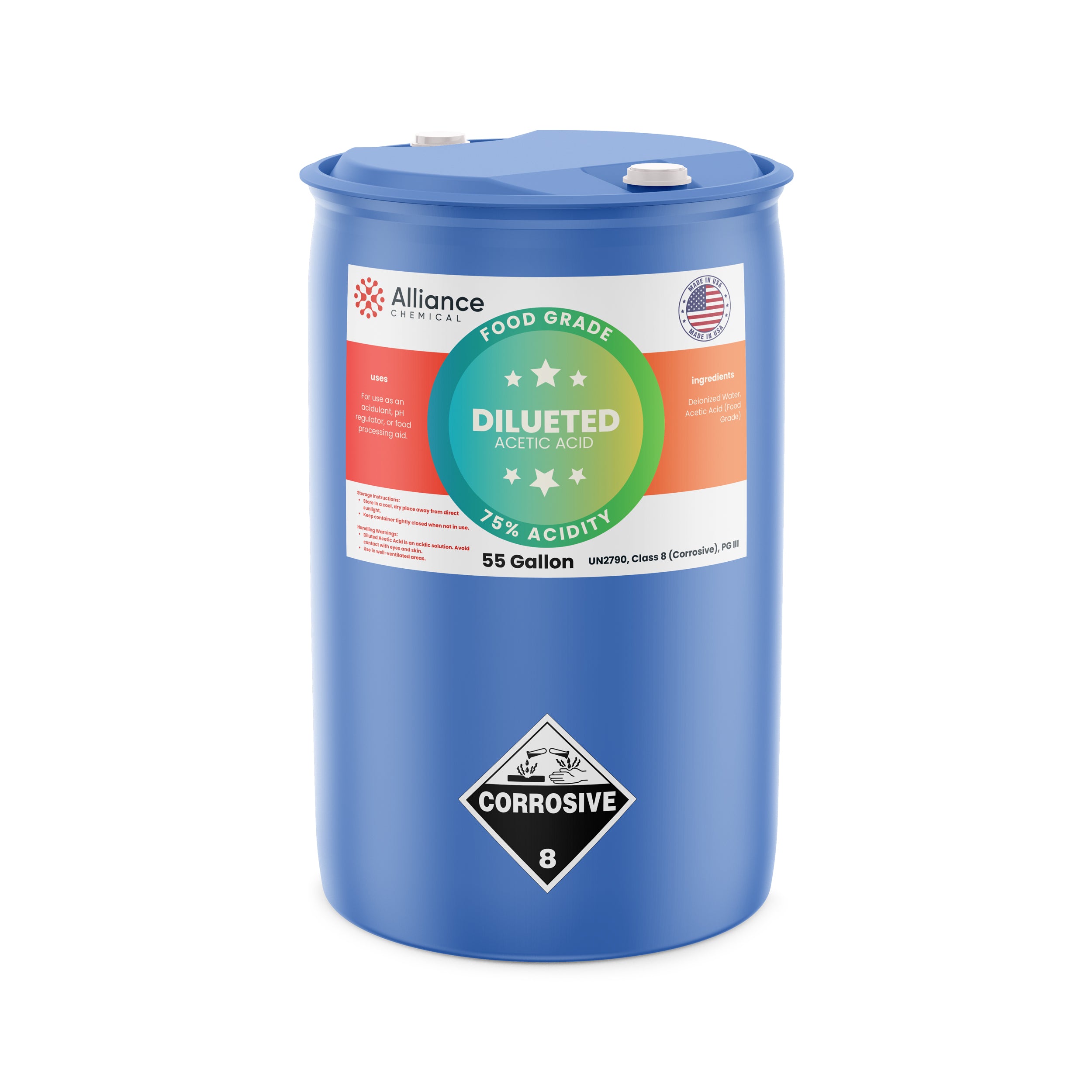 Alliance Chemical 75% diluted acetic acid food grade in blue 55-gallon drum with corrosive hazard label