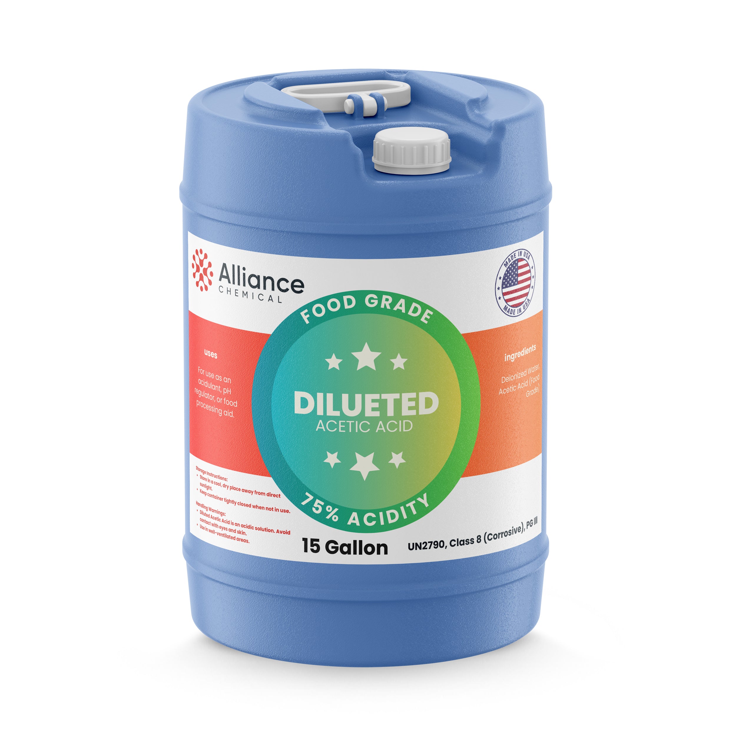 Alliance Chemical 75% diluted food grade acetic acid in blue 15-gallon HDPE pail with screw cap