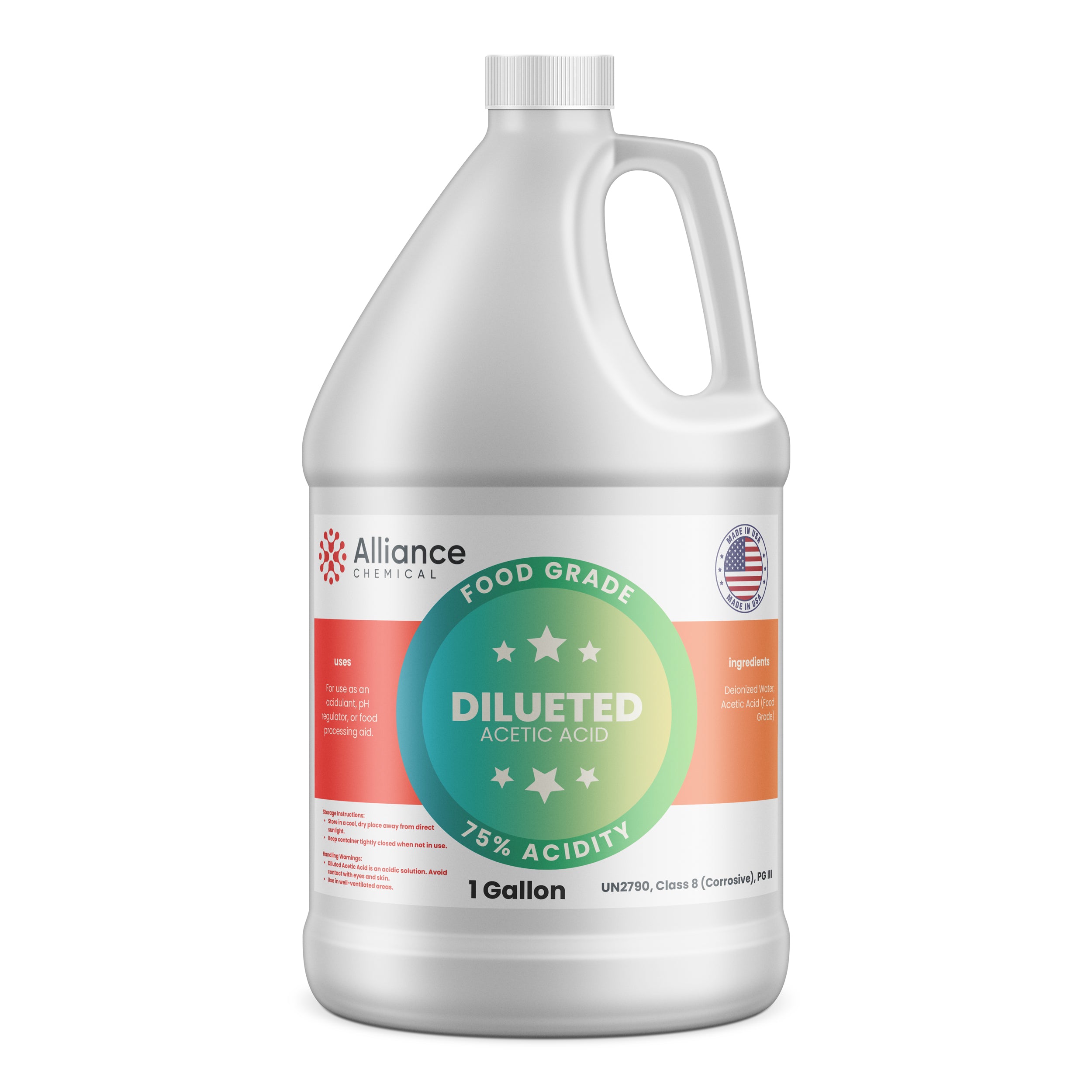 Alliance Chemical 75% diluted acetic acid food grade in clear 1-gallon HDPE jug with handle