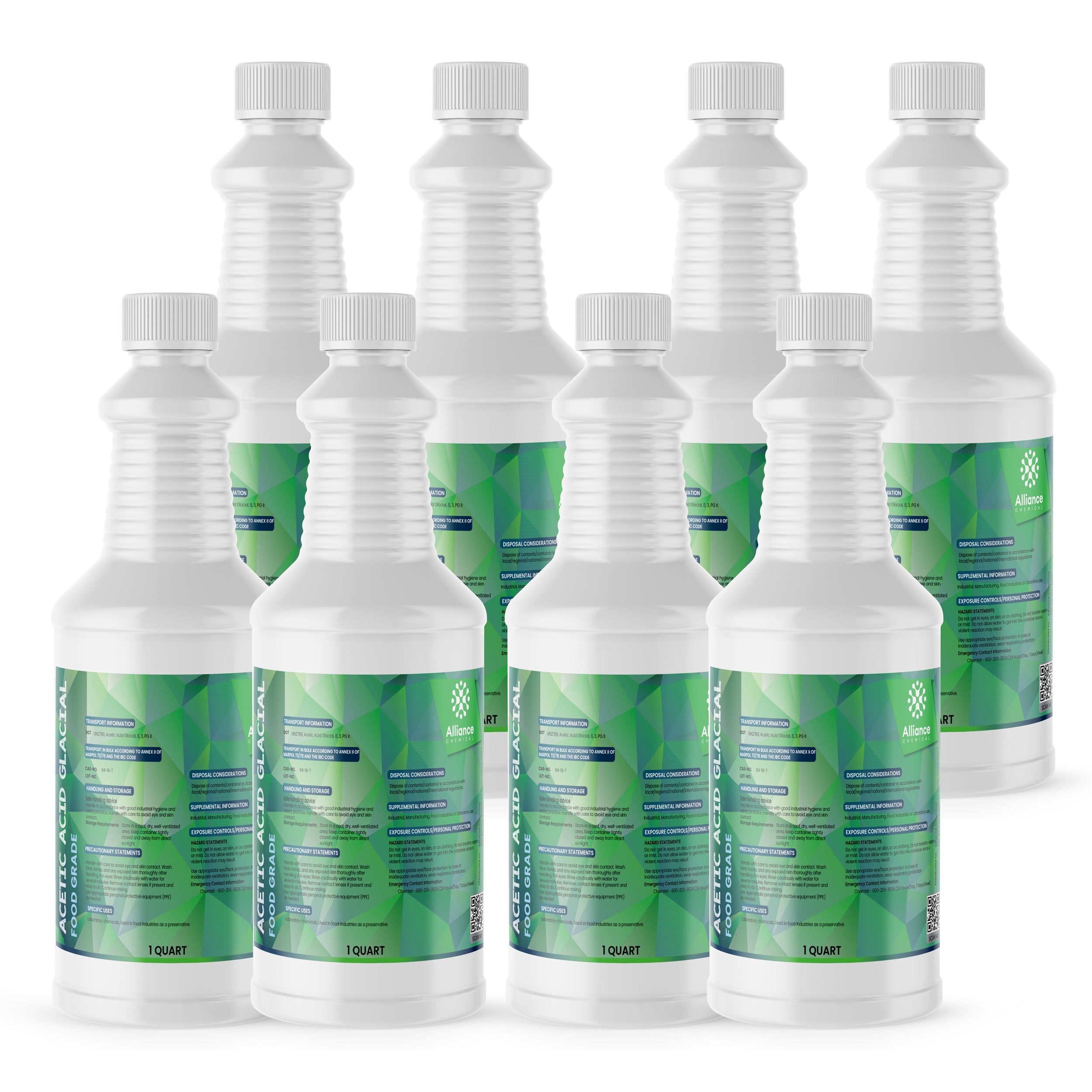1-quart bottles of glacial acetic acid, food-grade chemical reagent in white HDPE containers with green geometric labels, 8-pack set.