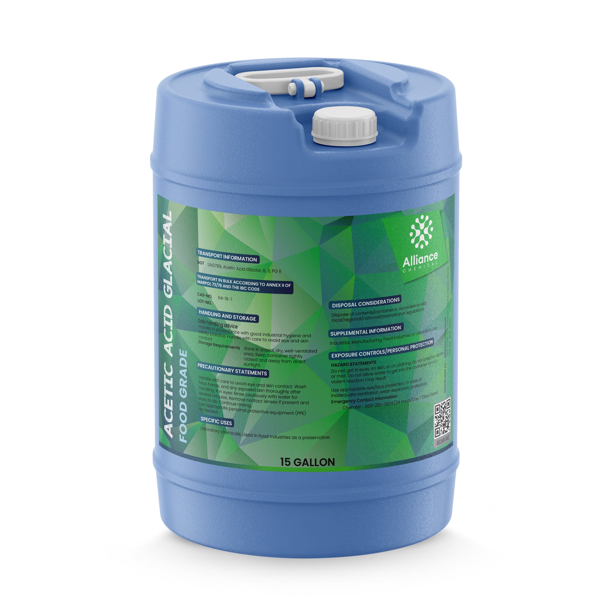 15-gallon blue HDPE carboy of Acetic Acid Glacial Food Grade with safety information label, white cap, and Alliance Chemical branding.