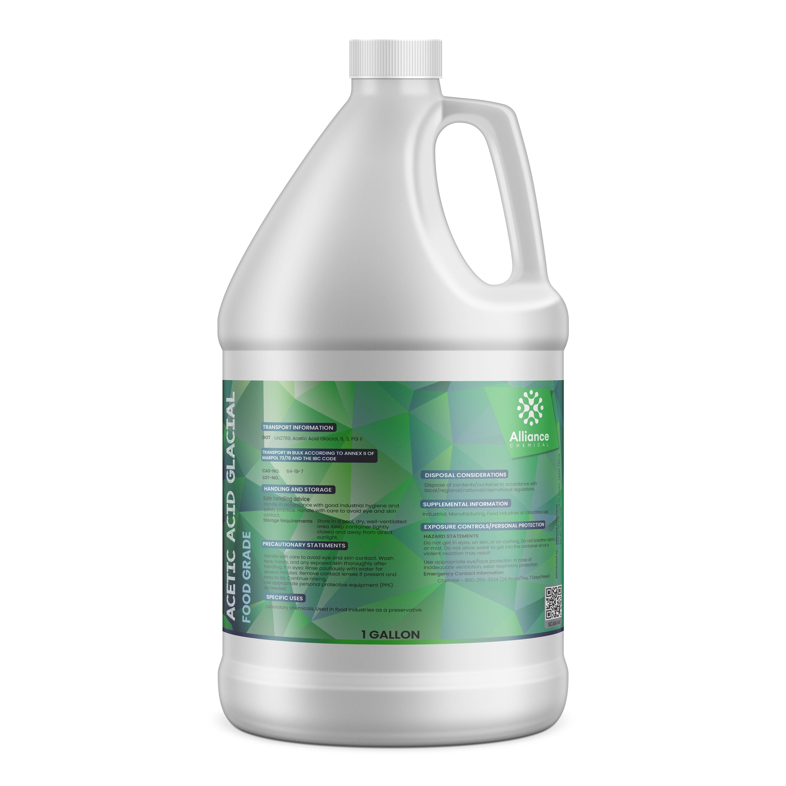 One-gallon HDPE bottle of food-grade glacial acetic acid with green safety information label, Alliance Chemical branding, and precautionary statements.