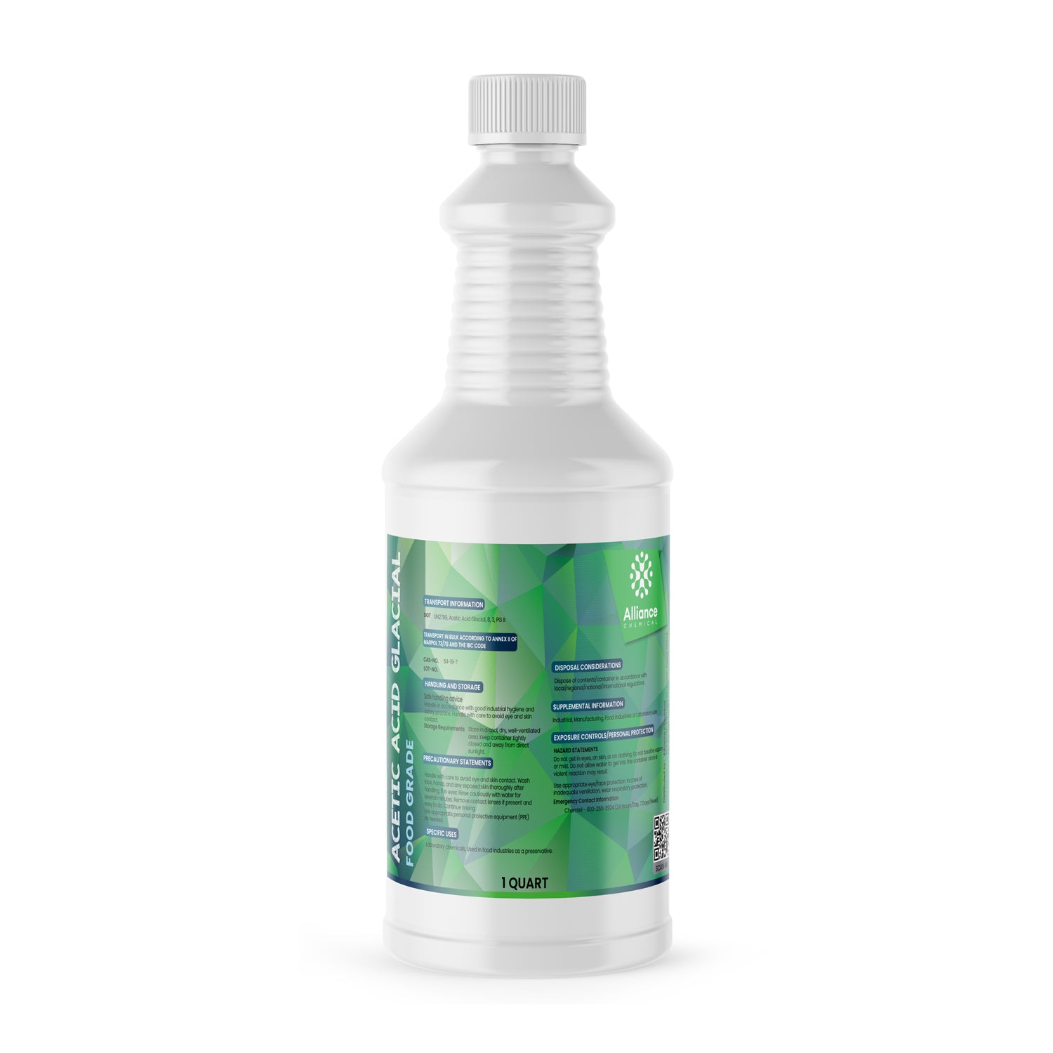 1-quart white HDPE bottle of Food Grade Glacial Acetic Acid with green geometric label, safety information, and Alliance Chemical branding.