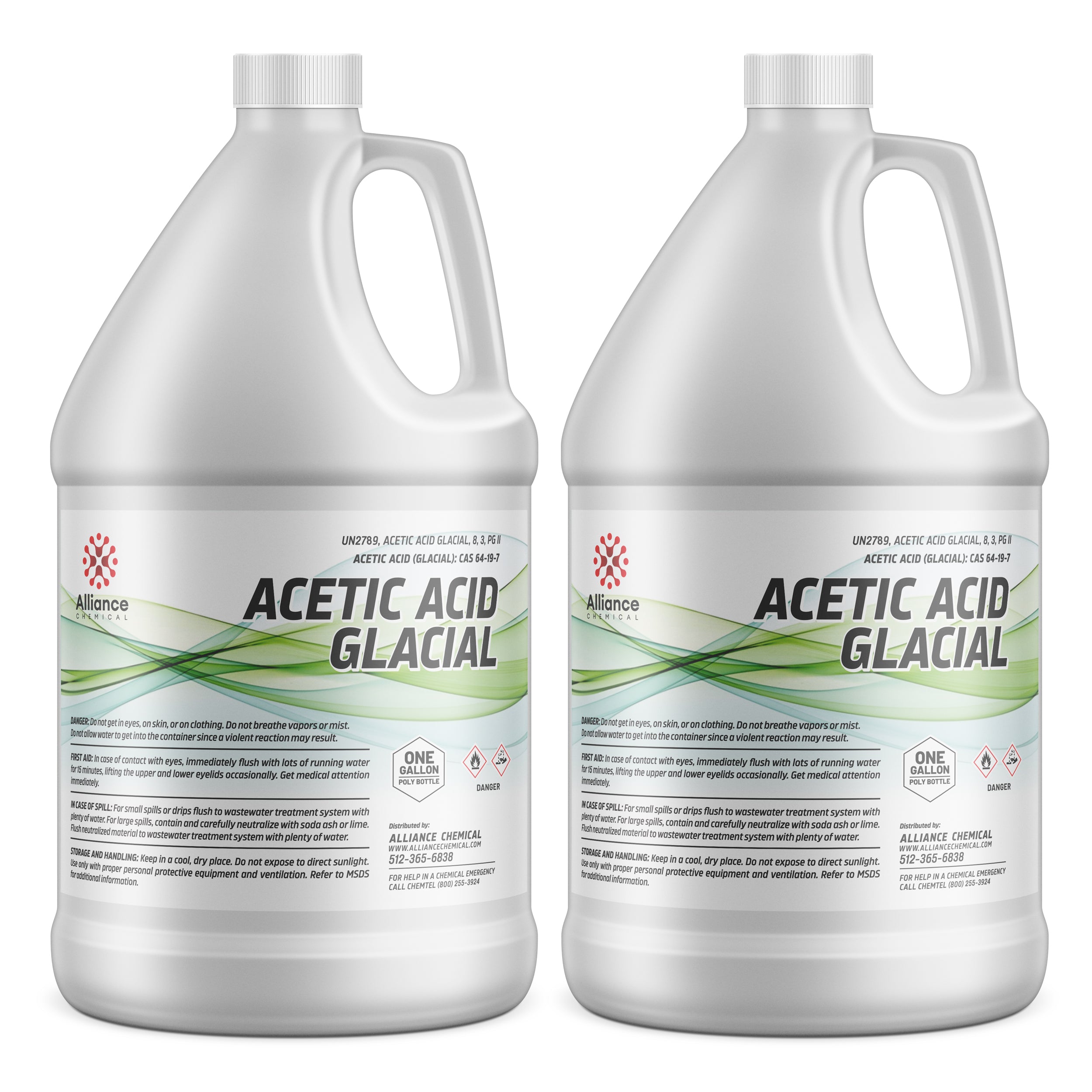 Two 1-gallon HDPE jugs of Glacial Acetic Acid (CAS 64-19-7) by Alliance Chemical, featuring green wave design, UN2789 classification, and flammable/corrosive warning symbols.