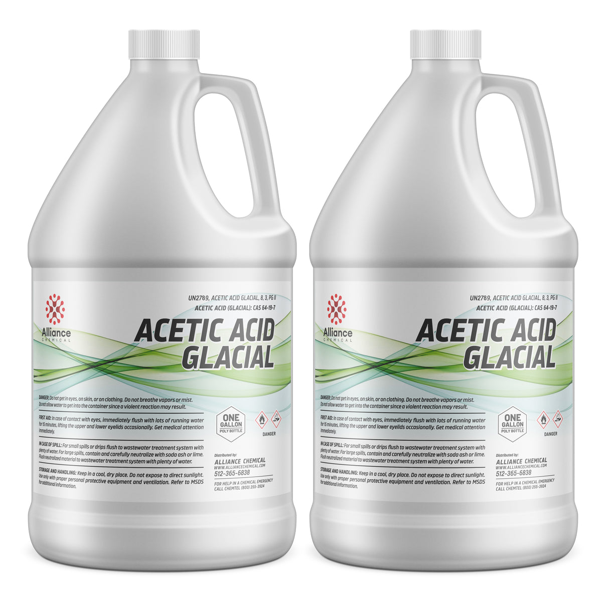 Alliance Chemical Two 1-gallon HDPE jugs of Glacial Acetic Acid  UN2789 classification, and flammable/corrosive warning