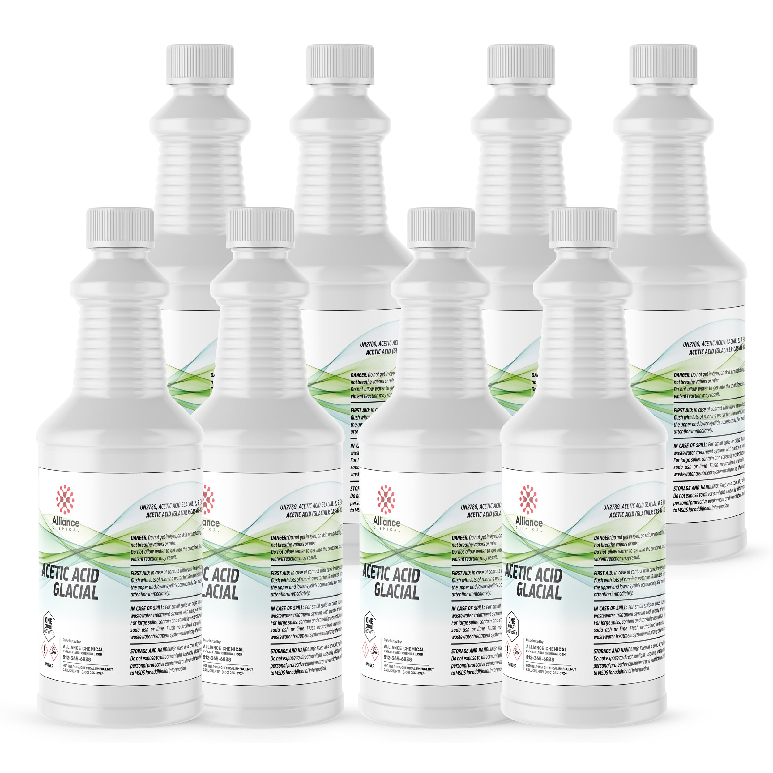8x1 quart bottles of glacial acetic acid technical grade in white HDPE containers, featuring Alliance Chemical branding, safety warnings, and green accent labels.