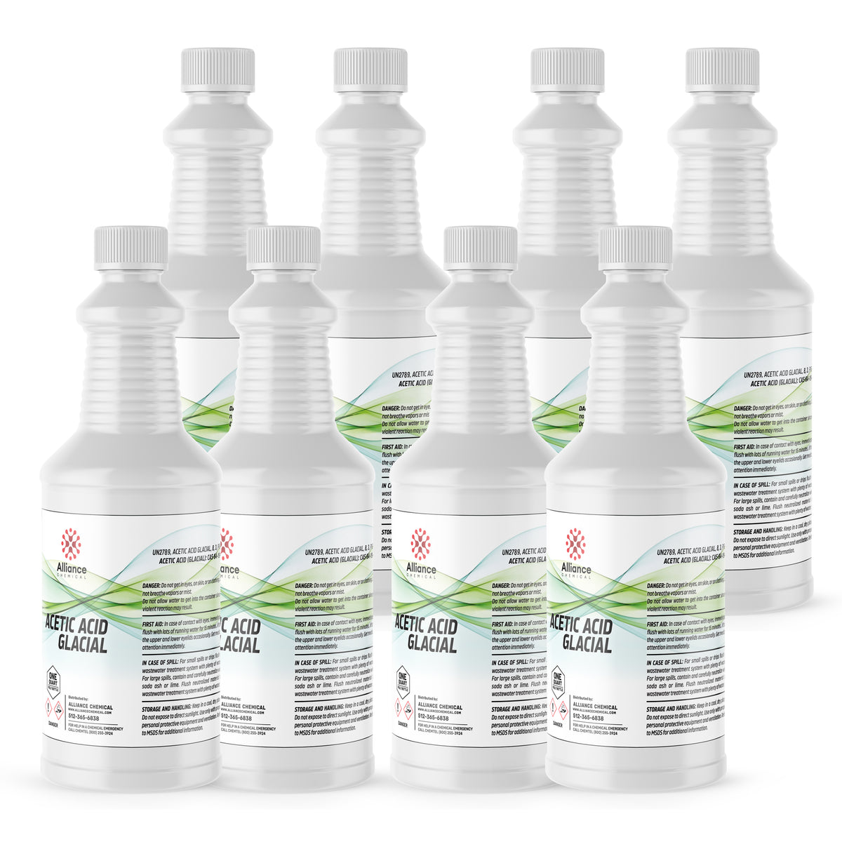 8x1 quart bottles of Alliance Chemical glacial acetic acid technical grade in HDPE containers safety warnings, and green