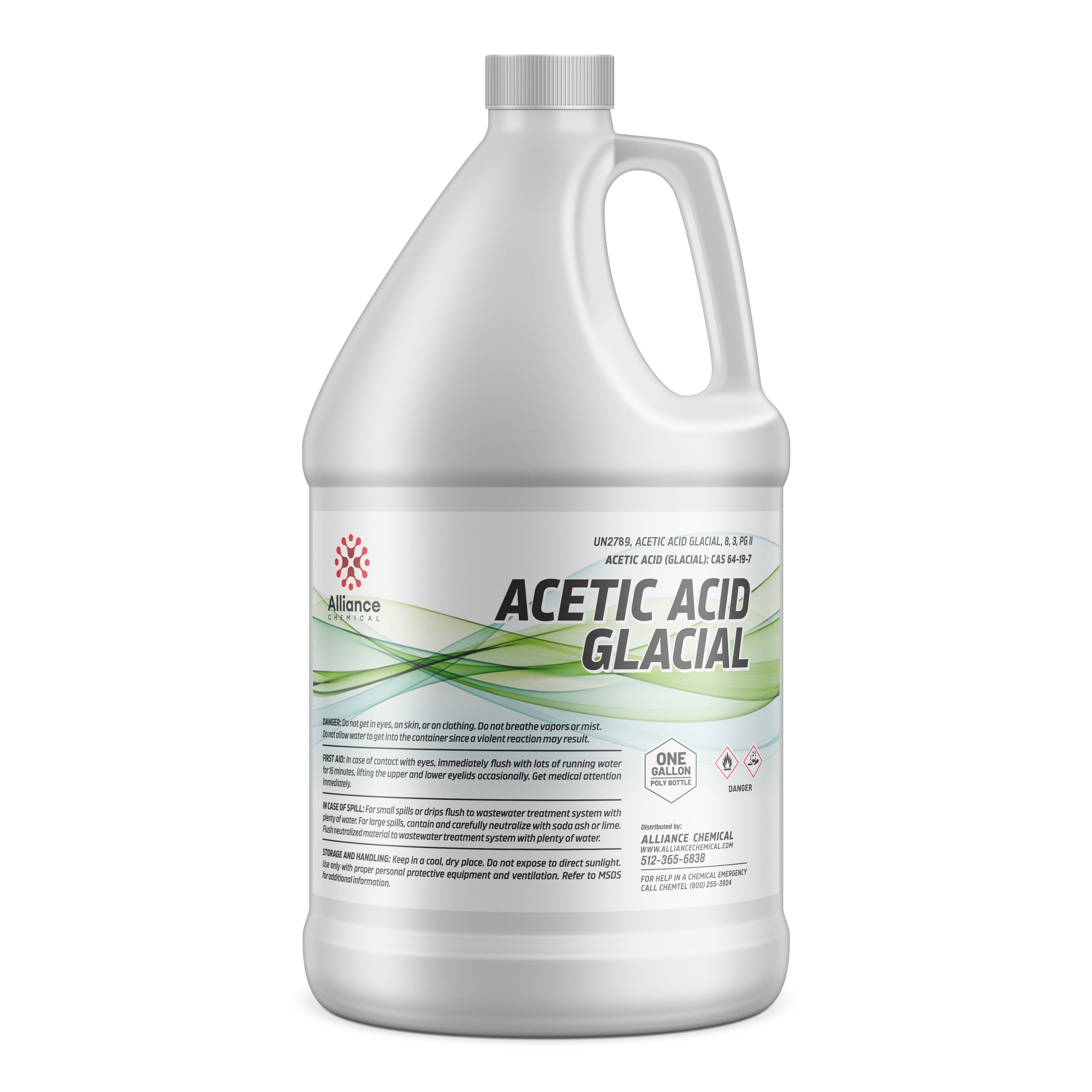 One-gallon HDPE container of Glacial Acetic Acid technical grade, featuring Alliance Chemical branding, green wave design, hazard symbols, and safety warnings for industrial use.