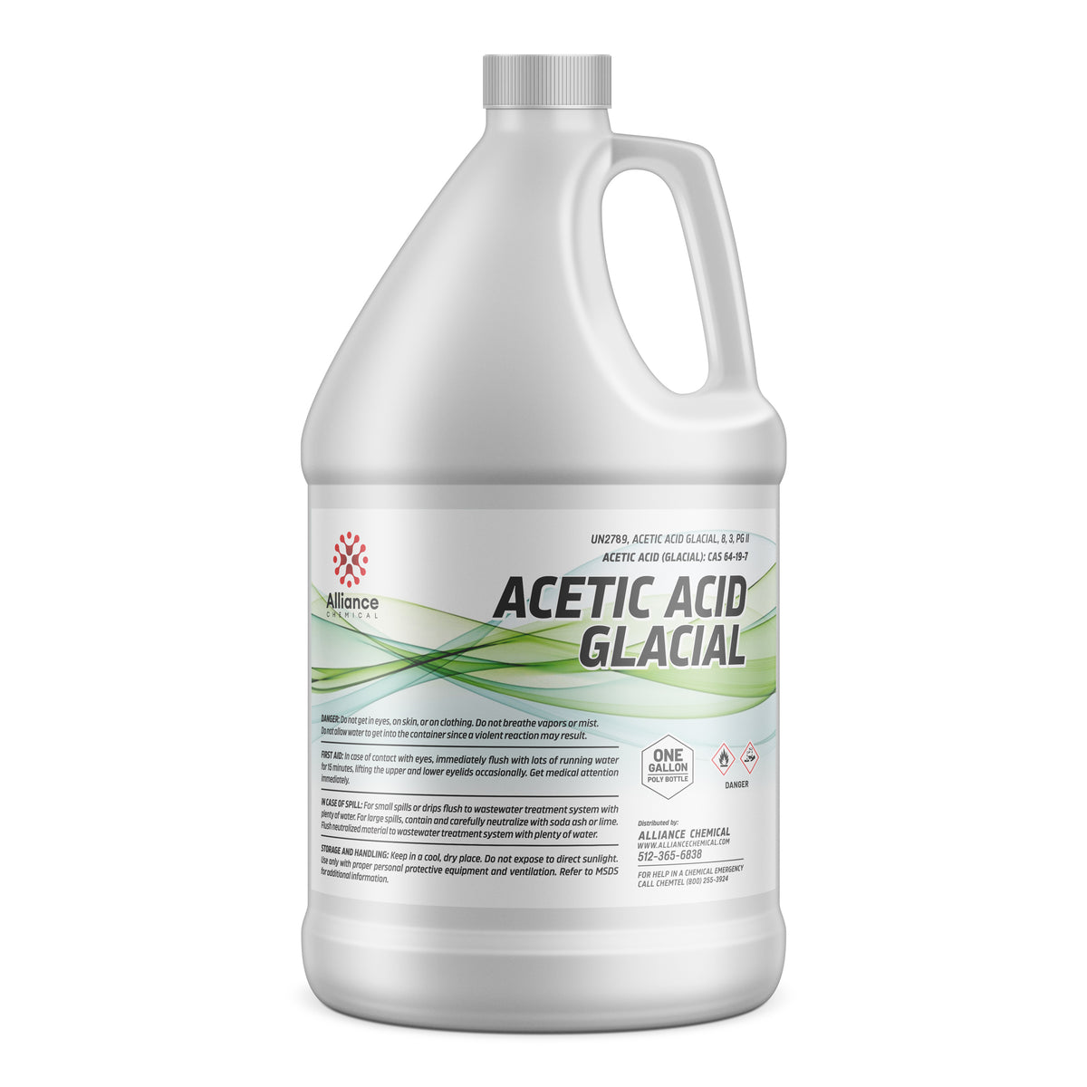 Alliance Chemical One-gallon HDPE container of Glacial Acetic Acid technical grade green wave design, and for industrial use
