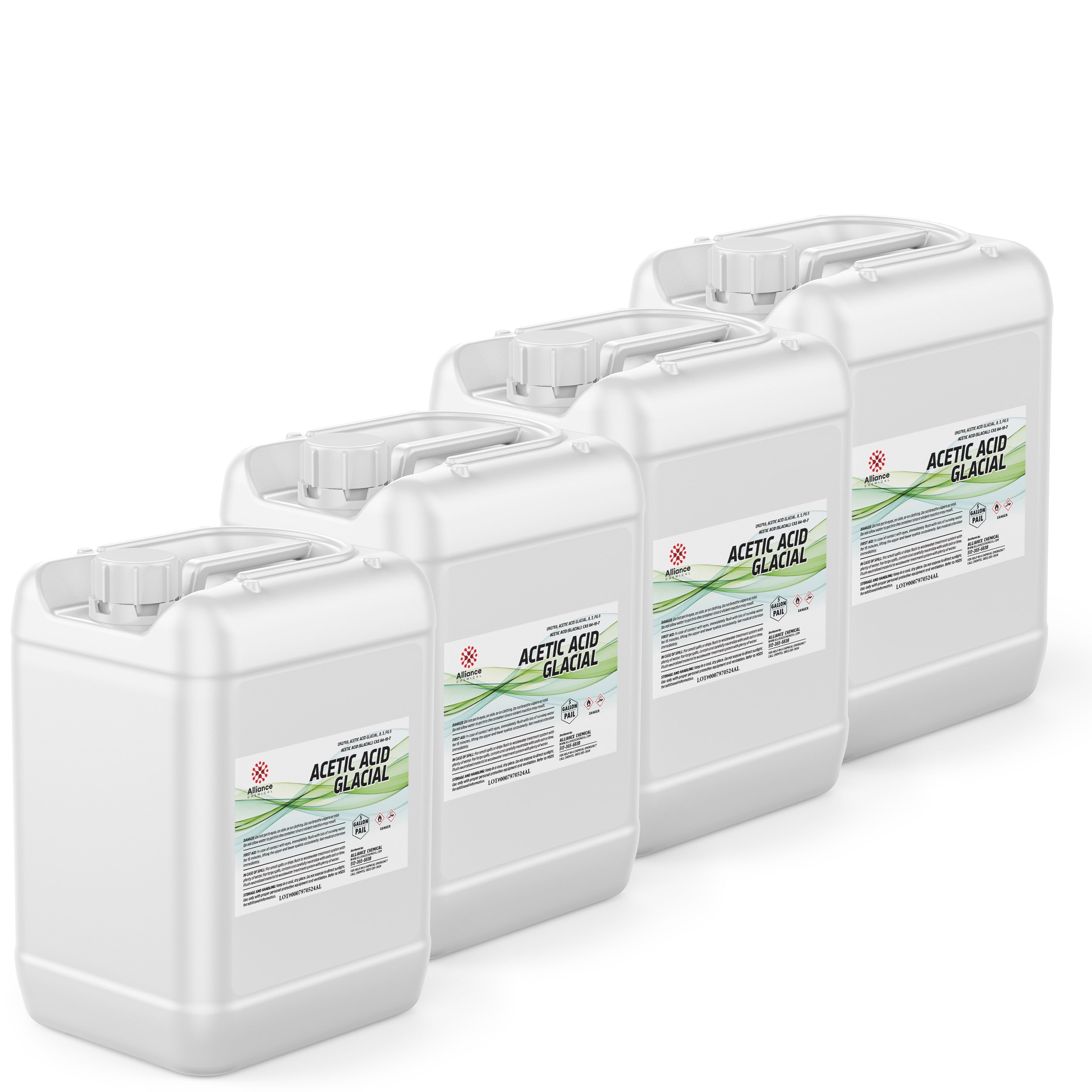 20-gallon set (4x5gal) of Glacial Acetic Acid Technical in white HDPE containers with green-labeled hazard warnings and secure screw-top closure.
