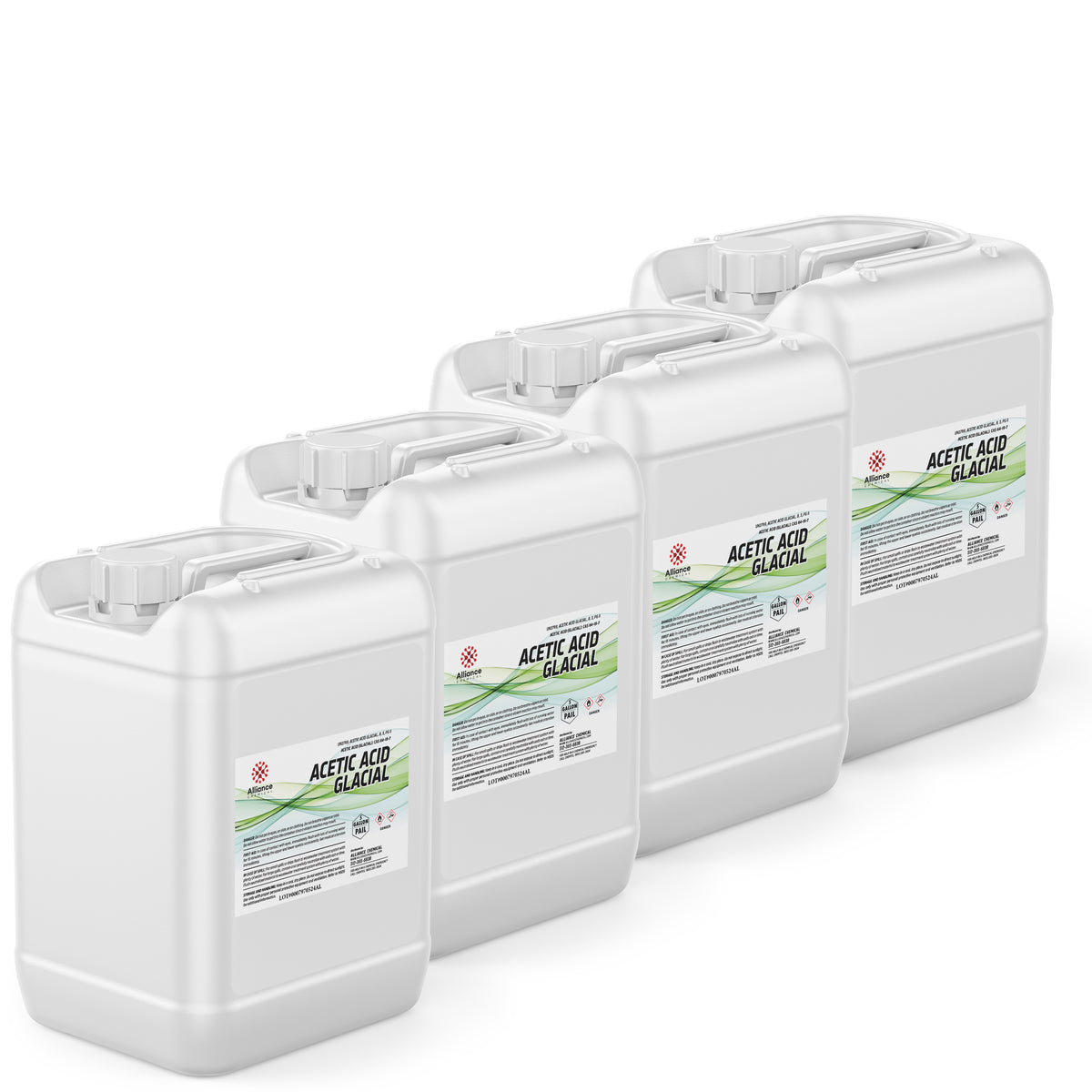 Four 5-gallon HDPE pails of Alliance Chemical Acetic Acid Glacial Technical with labels and integrated handles.
