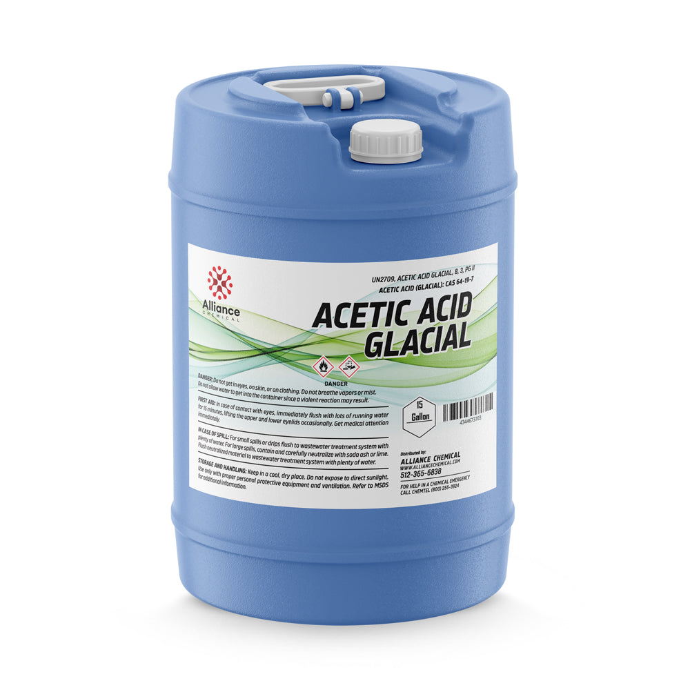 5-gallon blue HDPE carboy of Glacial Acetic Acid by Alliance Chemical, featuring hazard warning symbols, safety instructions, and dual-port sealed cap.