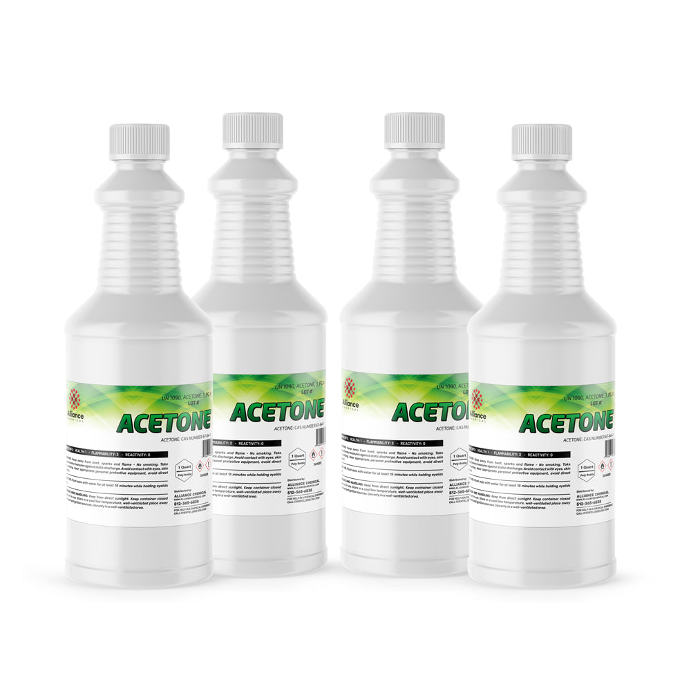 32 oz bottles of technical-grade acetone solvent in white HDPE containers with ribbed design, safety caps, and hazard warning labels, 4-pack.