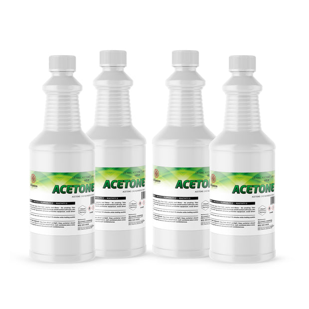 Four 1-quart plastic bottles of Alliance Chemical Acetone Technical Grade with white caps and product labels