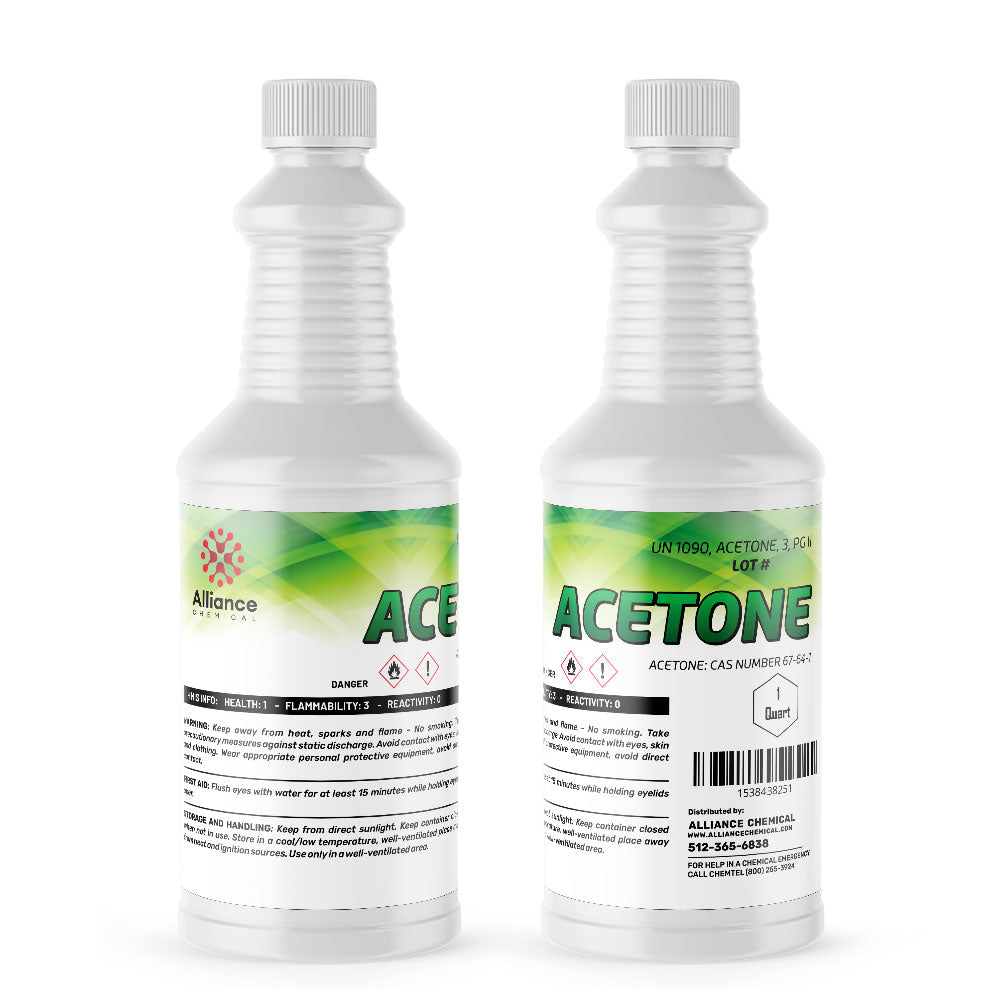 Two 1-quart plastic bottles of Alliance Chemical Acetone Technical Grade with white screw caps and safety labels.