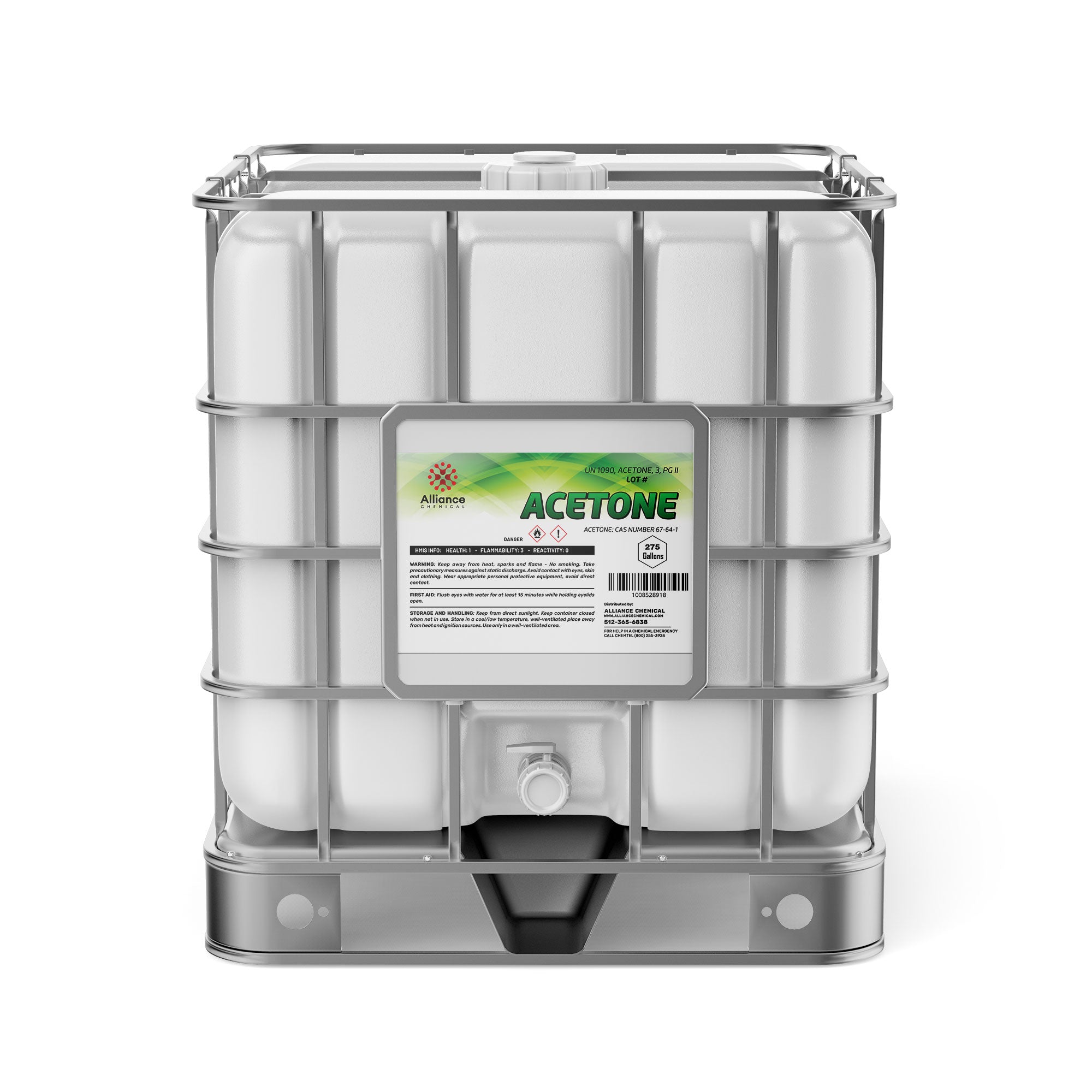 275-gallon IBC tote of technical-grade acetone in white HDPE container with metal cage, flammable liquid warning label, Alliance Chemical branding.