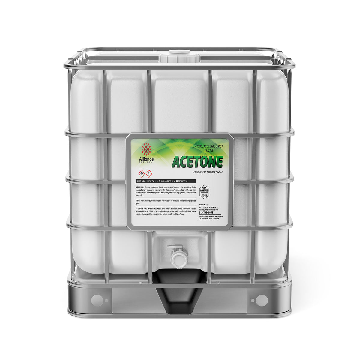 One 330-gallon plastic tote of Alliance Chemical Acetone Technical Grade with a steel cage and a white cap.