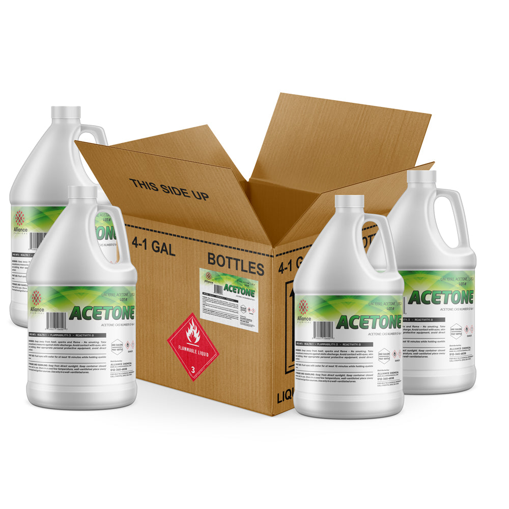 4x1-gallon HDPE containers of technical-grade acetone with flammable liquid Class 3 warning label, boxed packaging, Alliance Chemical brand.