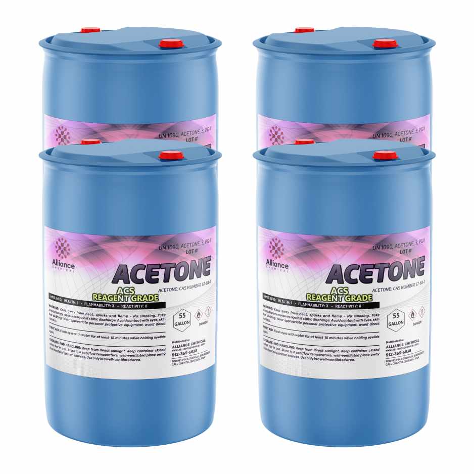 4x55-gallon blue drums of ACS Reagent Grade Acetone (UN1090) with red safety caps, flammability warning symbols, and industrial labeling.