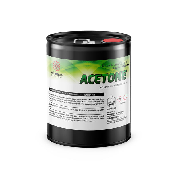 One 5-gallon steel pail of Alliance Chemical Acetone Technical Grade with a red cap and product label.
