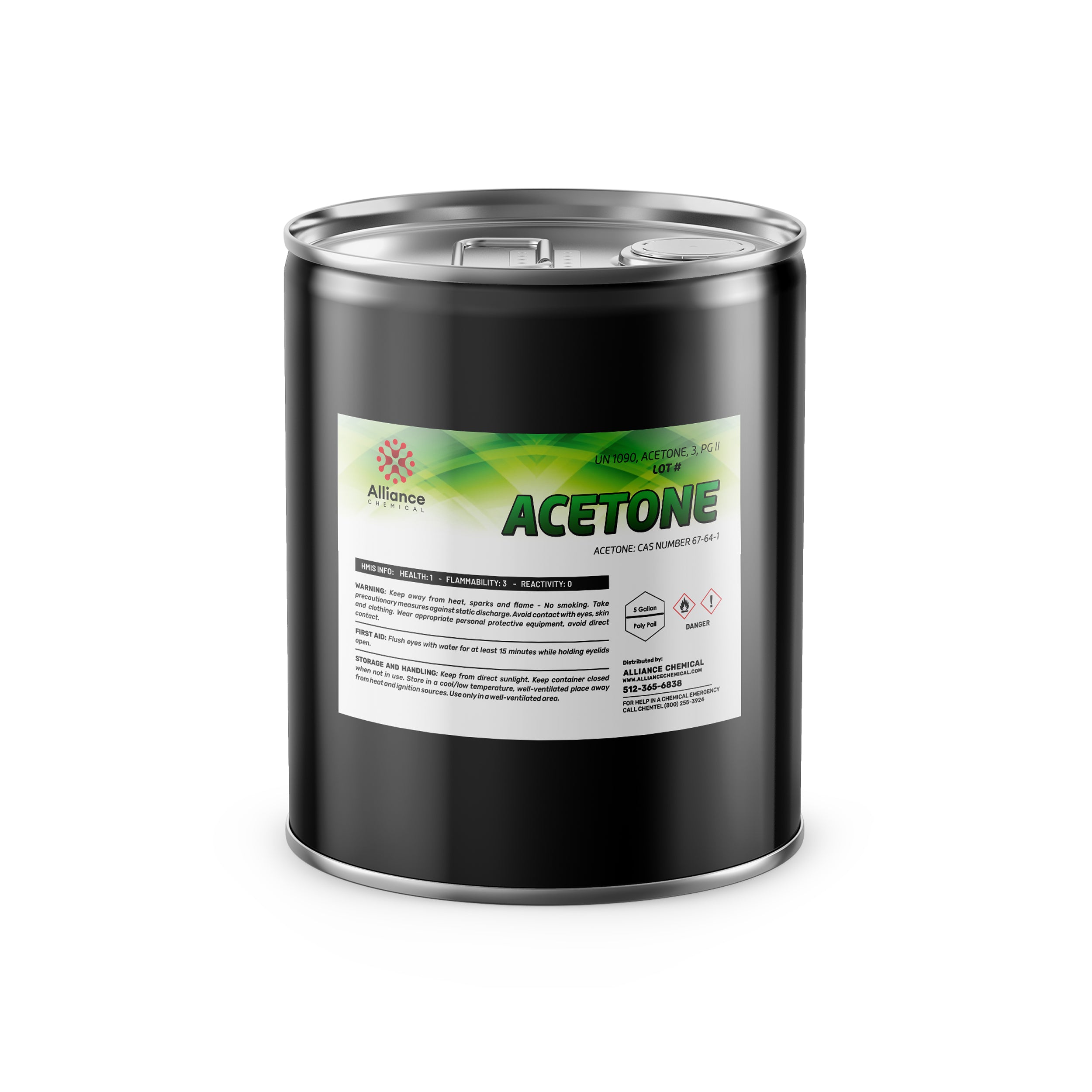 5-gallon steel drum of technical-grade acetone with flammability warning labels, CAS 67-64-1, by Alliance Chemical, black container with silver lid.