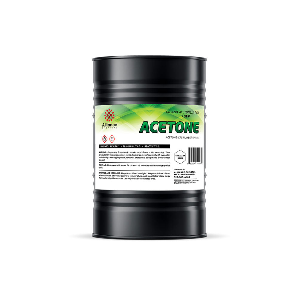 55-gallon black drum of technical-grade acetone, flammability/health warnings, and Alliance Chemical branding