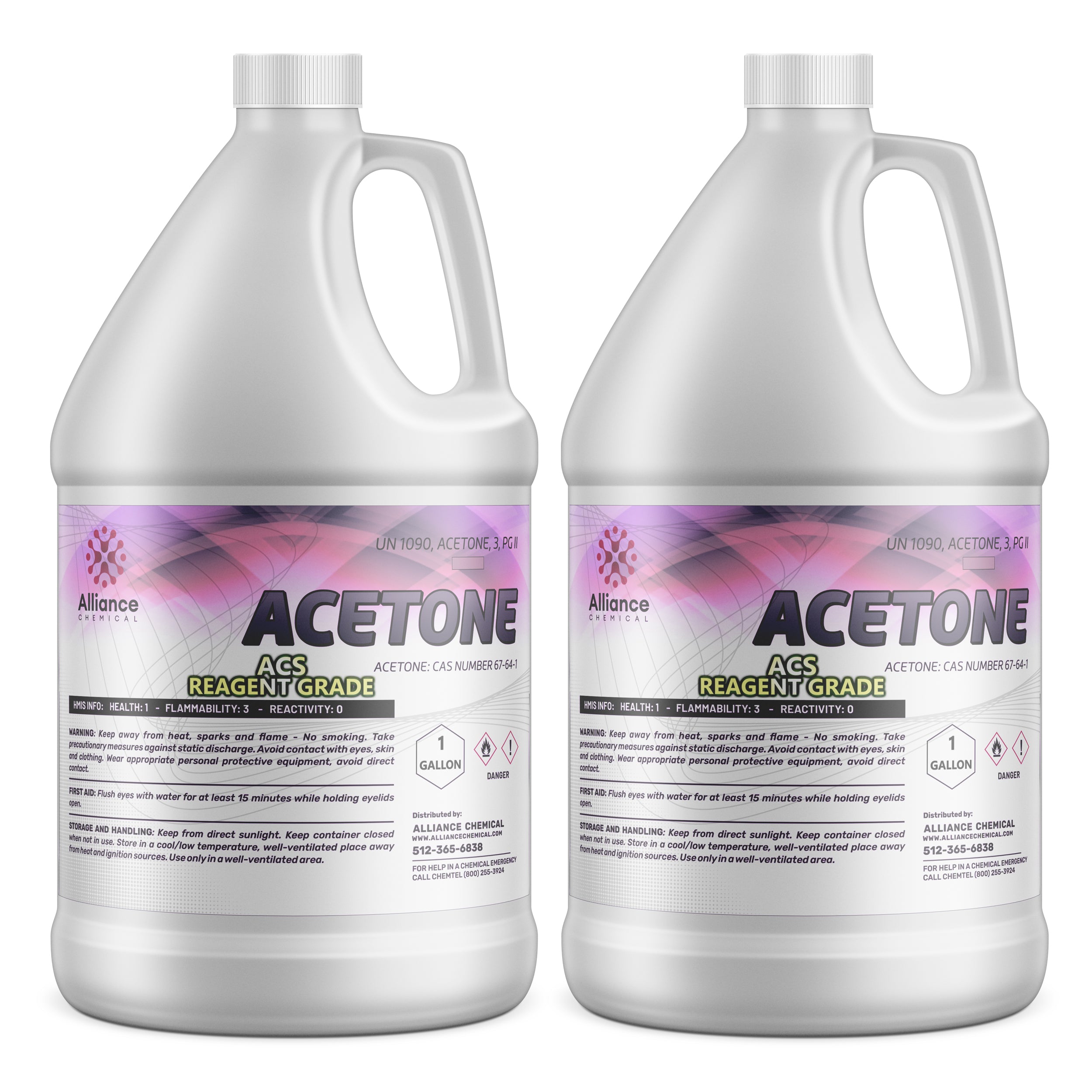 2-gallon reagent-grade acetone in white HDPE containers with safety warnings, UN1090 classification, Health-1/Flammability-3/Reactivity-0 ratings, Alliance Chemical branded.