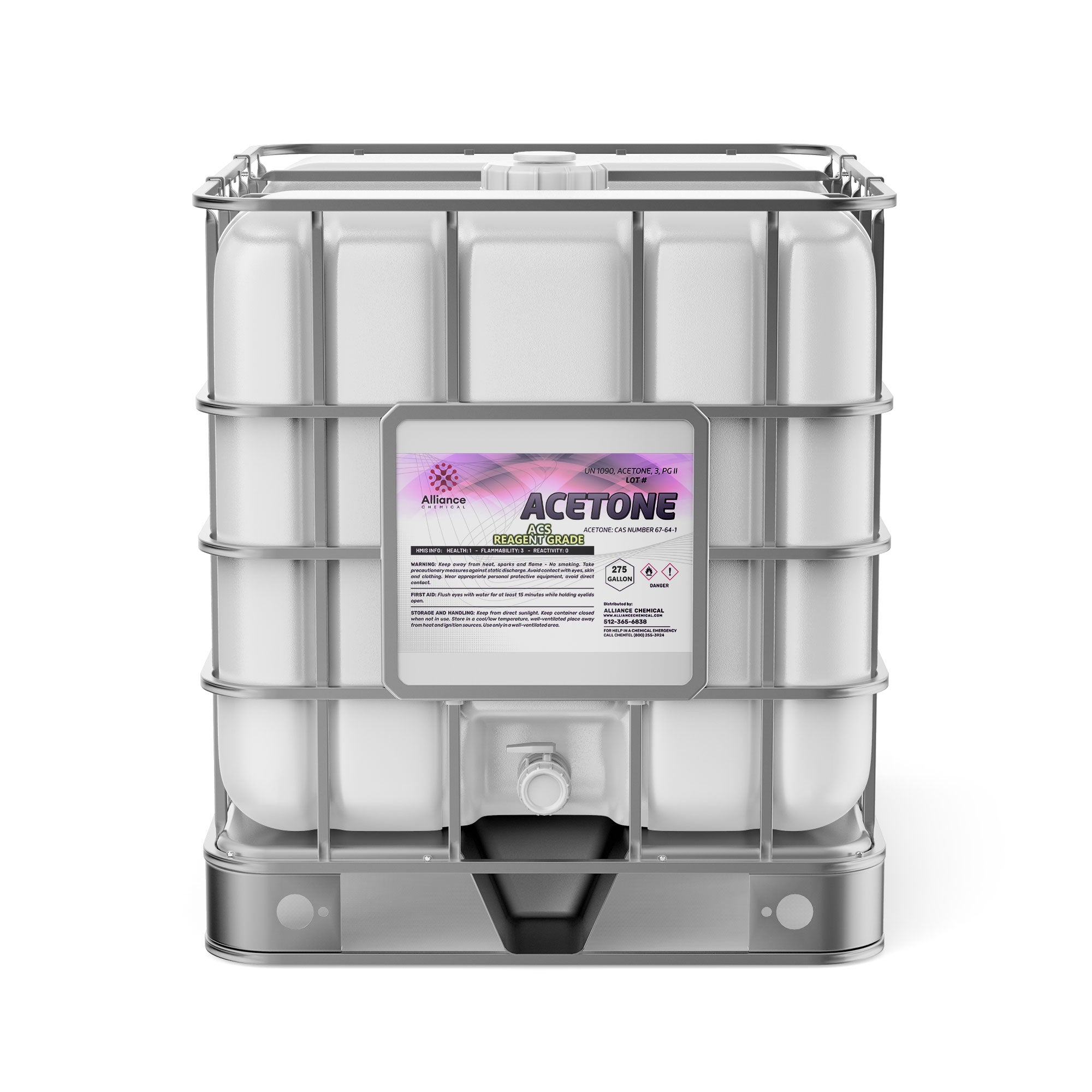 275-gallon IBC tote of ACS reagent-grade acetone in white container with metal cage frame, hazard warning label, and bottom dispensing valve.