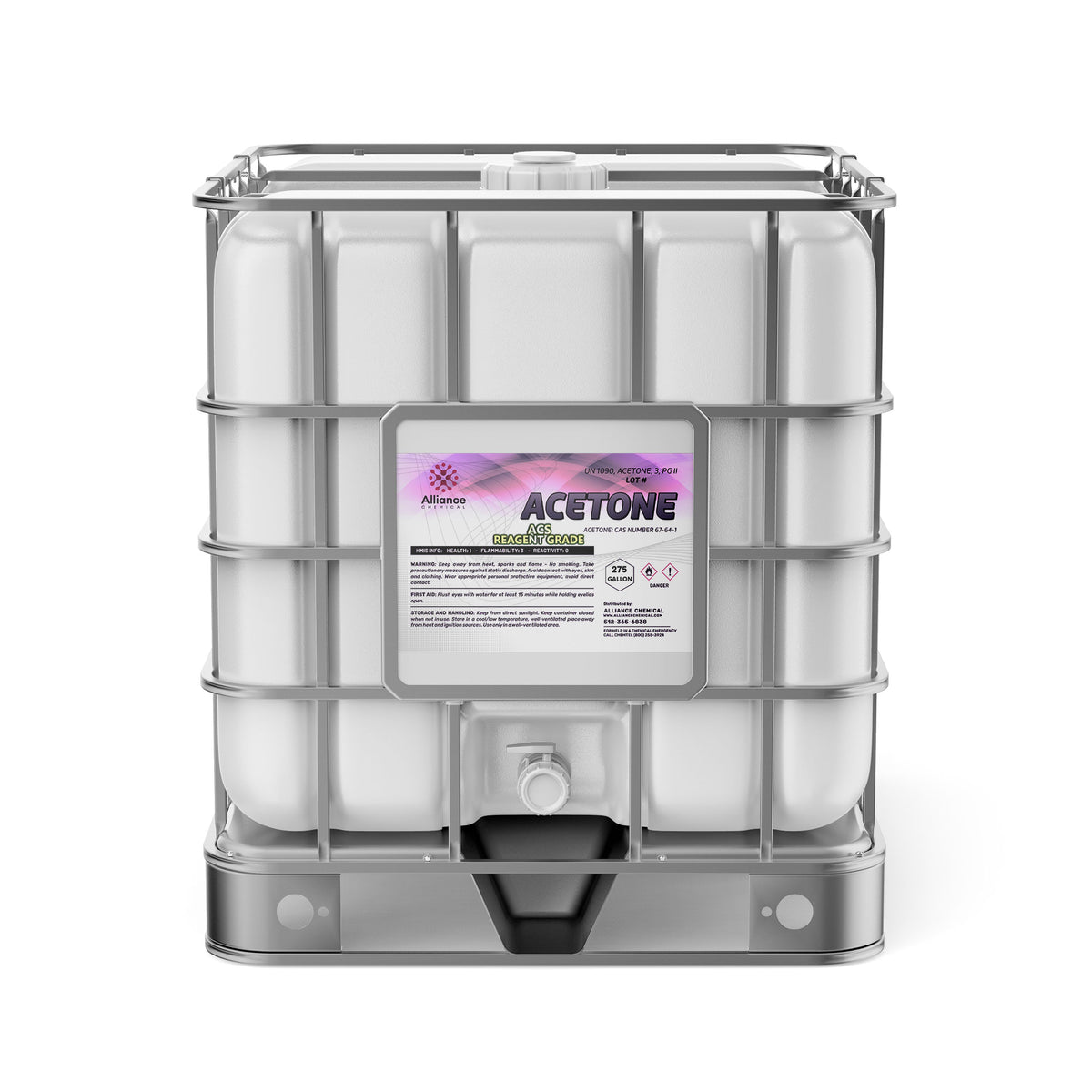 One 275-gallon plastic tote of Alliance Chemical Acetone ACS Grade with a metal cage and a spigot.
