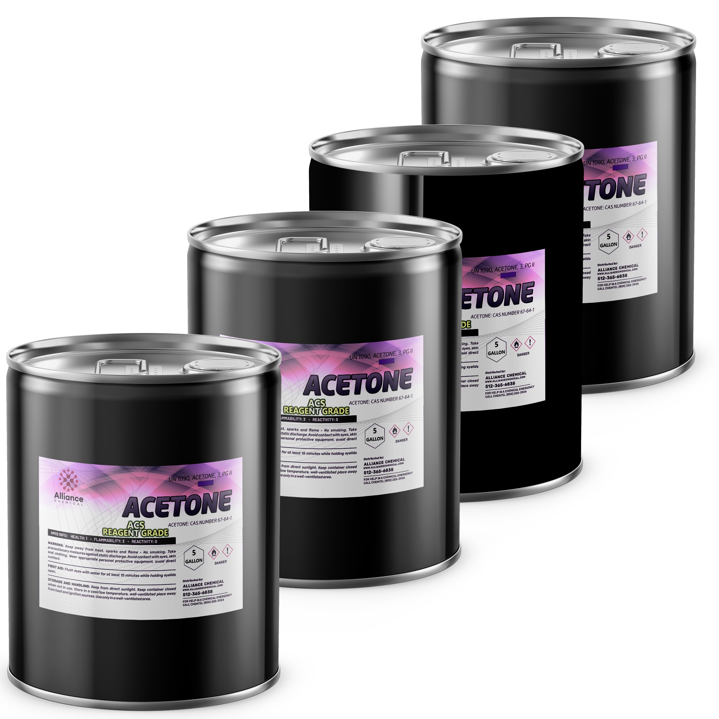 5-gallon drums of ACS Reagent Grade Acetone, black steel containers with Alliance Chemical labels, flammable warning symbols, CAS 67-64-1, set of 4.
