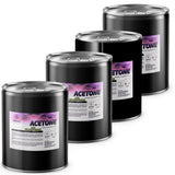5-gallon drums of ACS Reagent Grade Acetone, black steel containers with Alliance Chemical labels, flammable warning