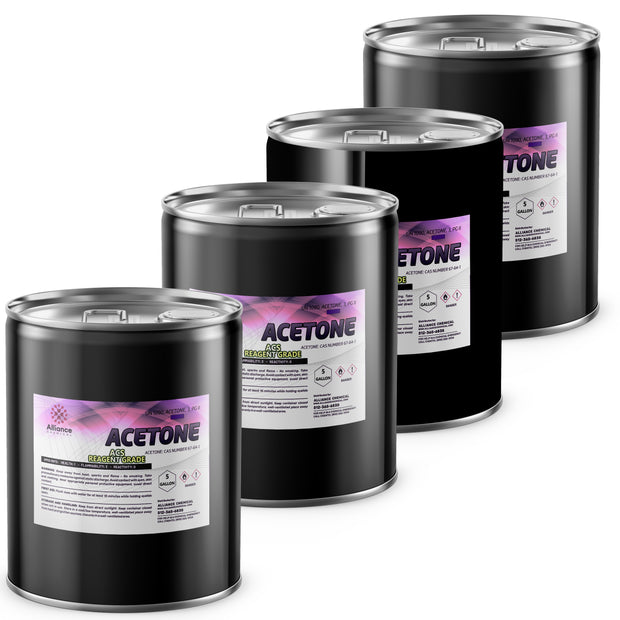 5-gallon drums of ACS Reagent Grade Acetone, black steel containers with Alliance Chemical labels, flammable warning