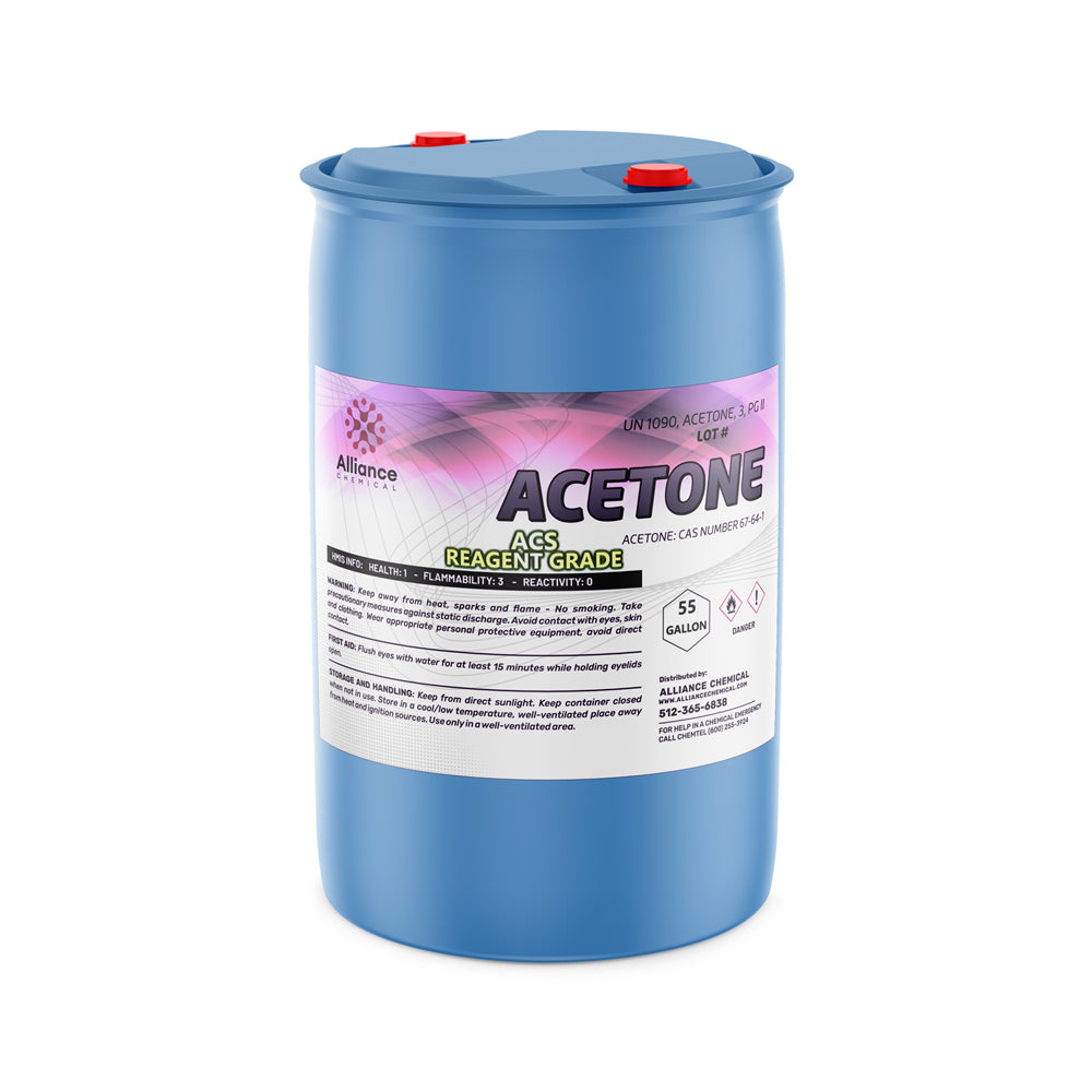 55-gallon blue drum of ACS reagent-grade acetone with flammability/health warning labels, UN1090 designation, and dual red caps.