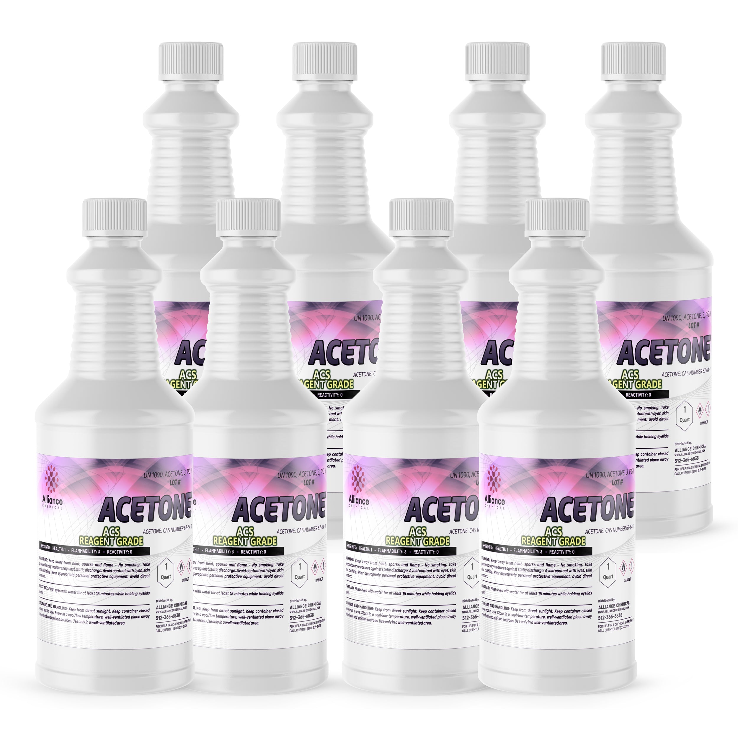 8x1 quart ACS reagent-grade acetone in ribbed HDPE bottles with white screw caps, hazard symbols, and Alliance Chemical labeling in pink/black design.