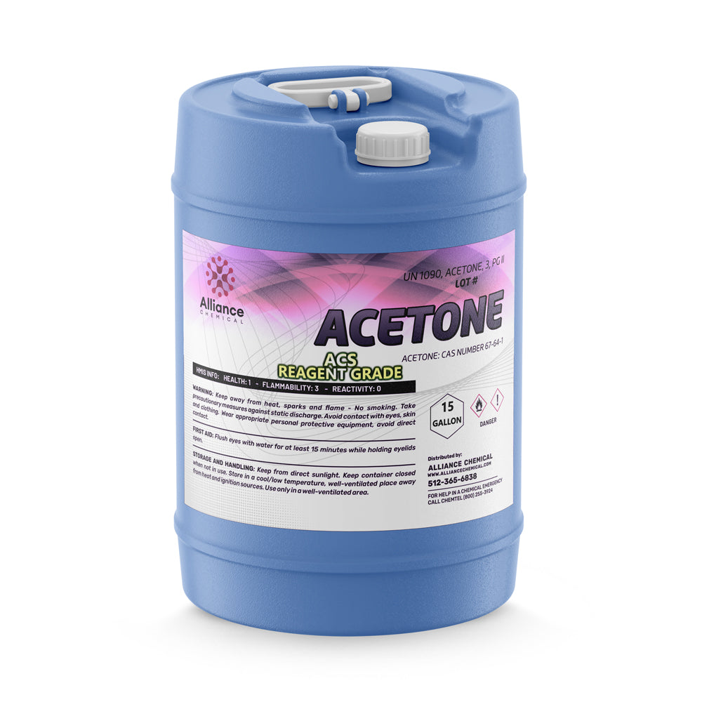 15-gallon blue HDPE carboy of ACS reagent-grade acetone (CAS 67-64-1) with hazard warnings, flammability rating 3, Alliance Chemical branding.