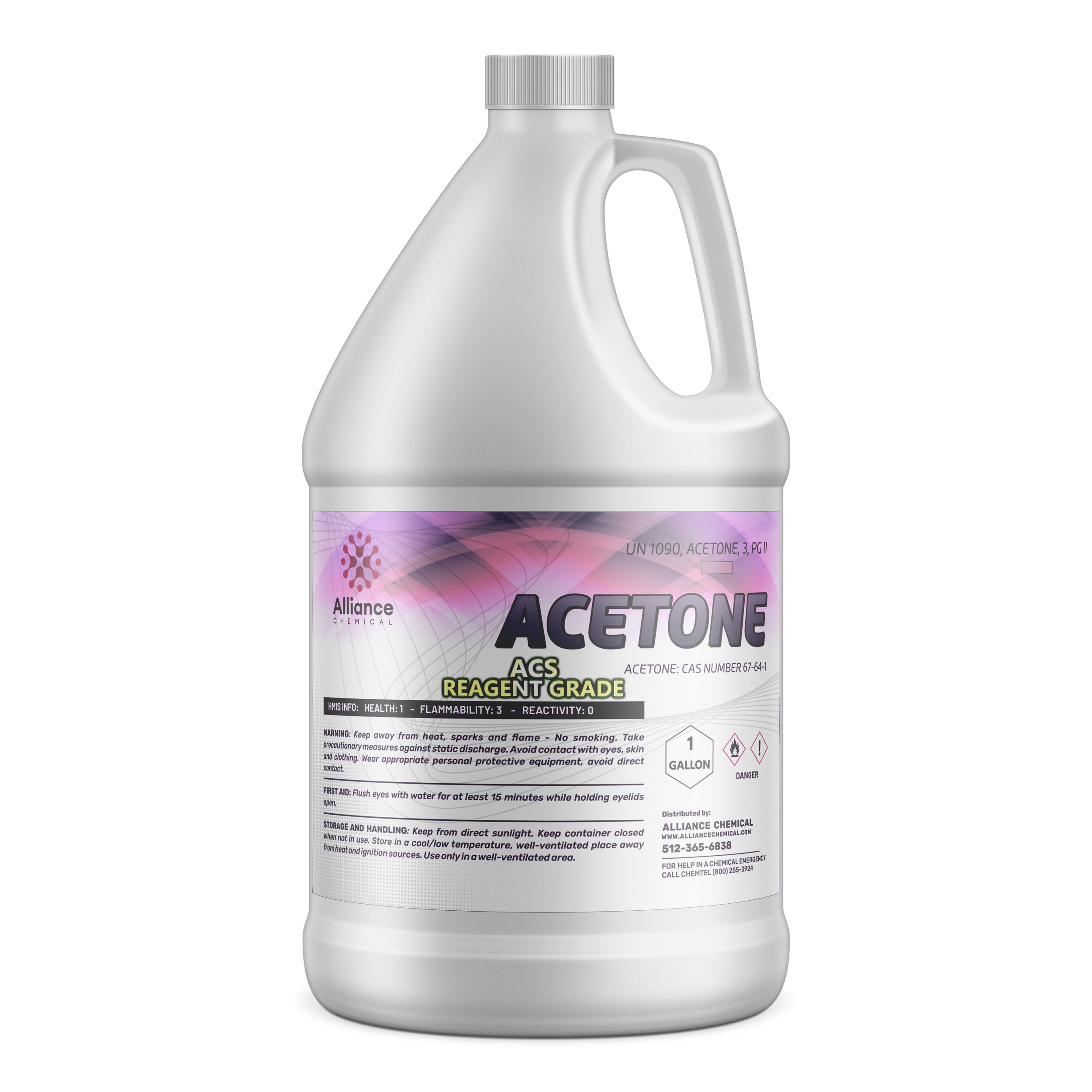 One-gallon HDPE bottle of ACS reagent grade acetone with hazard symbols, UN1090 classification, Alliance Chemical label and safety warnings.