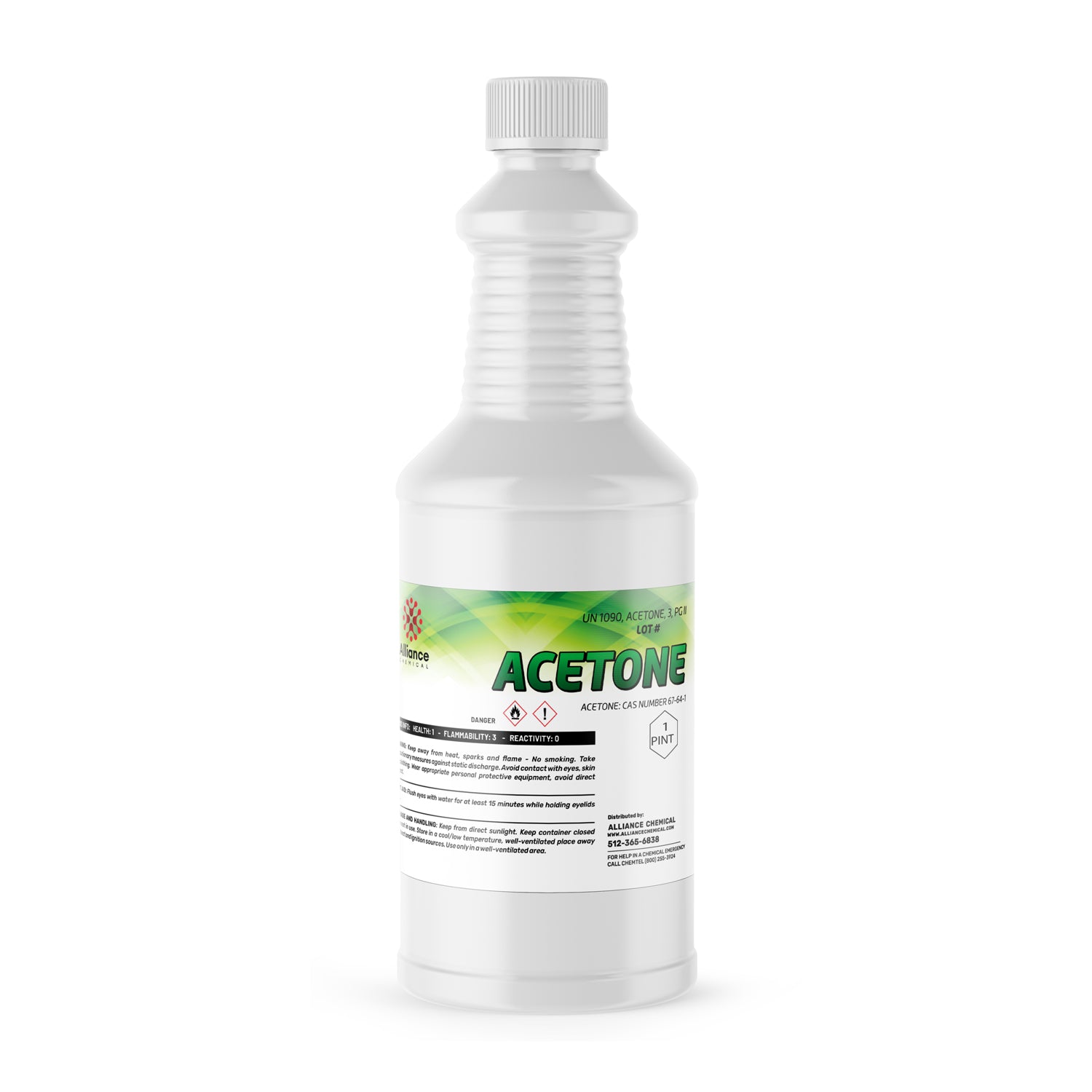 Alliance Chemical acetone technical grade in clear 1 pint HDPE bottle with child-resistant cap