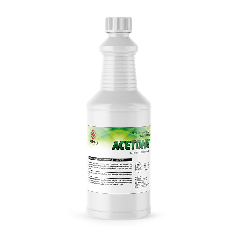 1-quart industrial-grade acetone in ribbed HDPE bottle with child-resistant cap, UN1090 hazard markings, and Alliance Chemical branding.