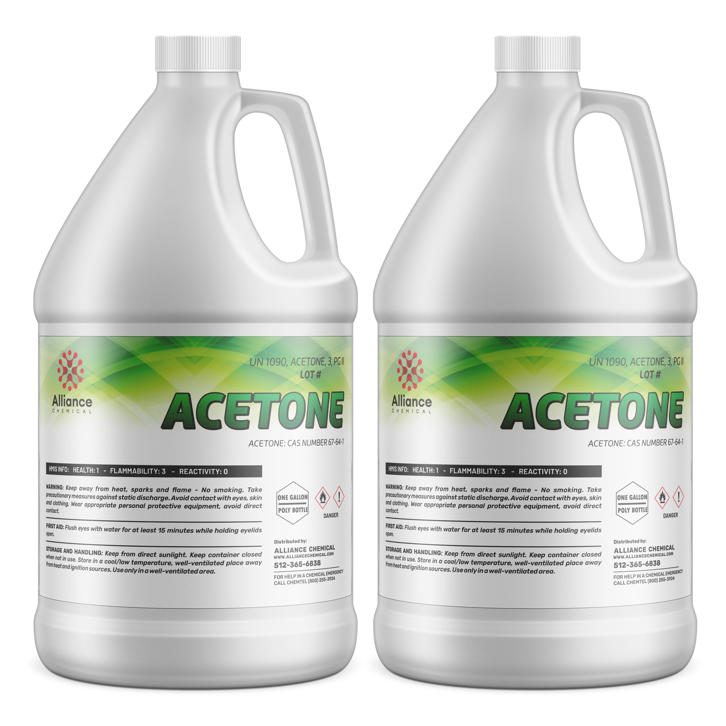 2-gallon set of technical-grade acetone in white HDPE jugs, UN1090 classified, with safety warnings, flammability rating 3, Alliance Chemical branded.