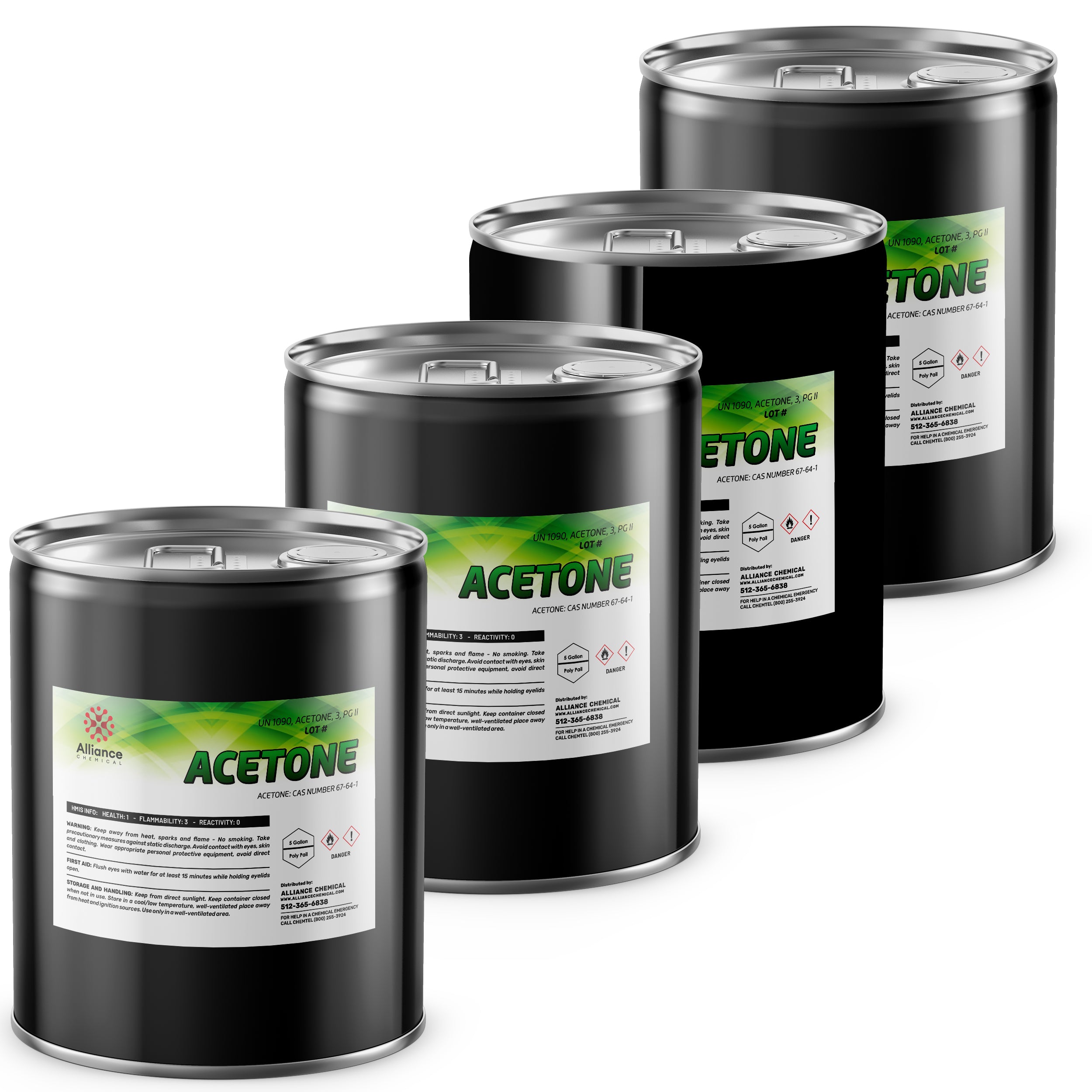 4x5-gallon black steel drums of technical-grade acetone with GHS flammable/danger symbols, Alliance Chemical labeling, safety information, and sealed lids.