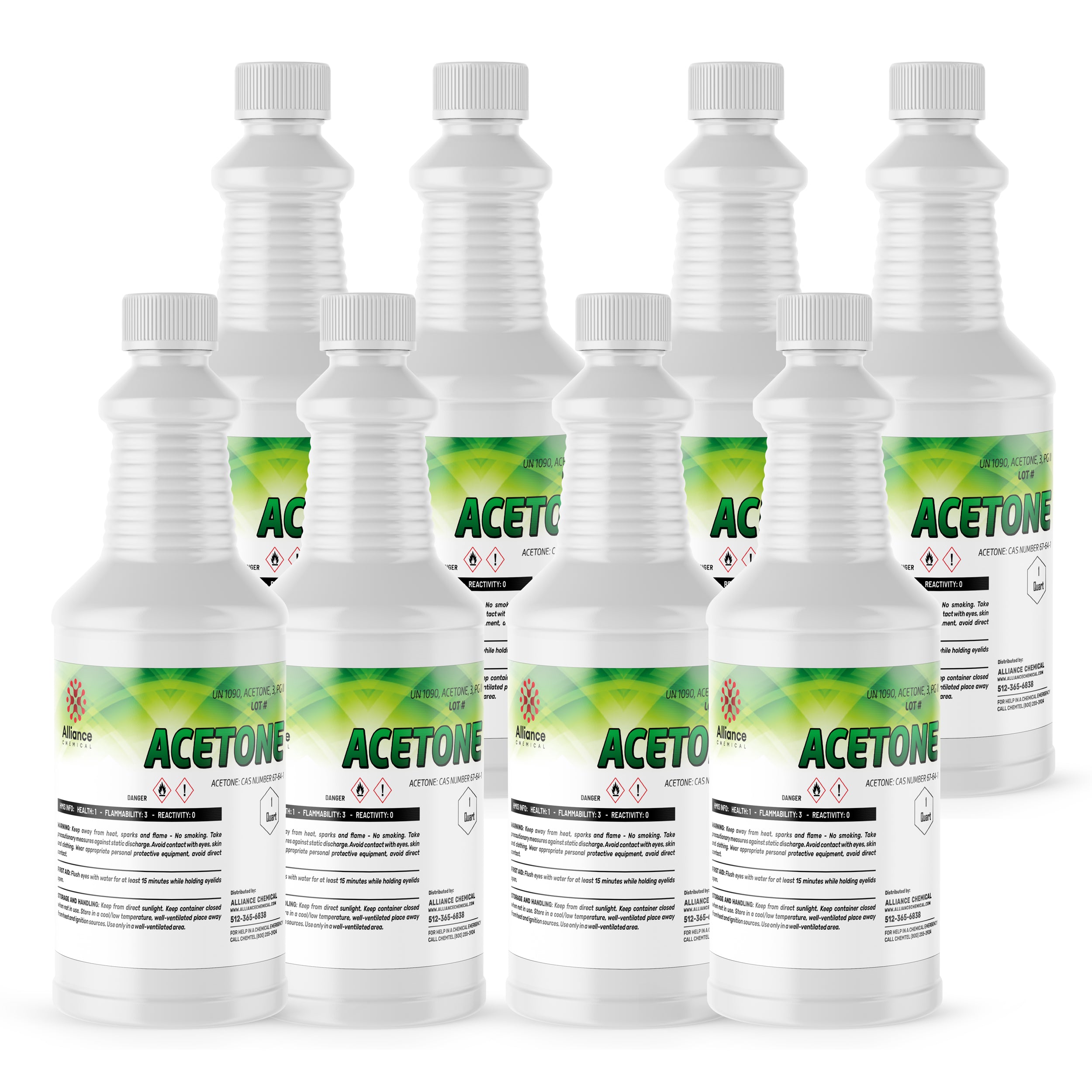 8x1 quart Alliance Chemical acetone, technical grade in HDPE bottles with white ribbed caps, hazard symbols 1/6, green-gradient labels, safety warnings.