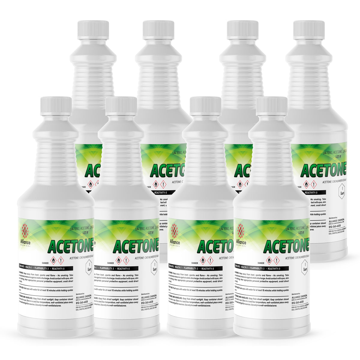 8x1 quart Alliance Chemical acetone, technical grade in HDPE bottles 1/6, green-gradient labels
