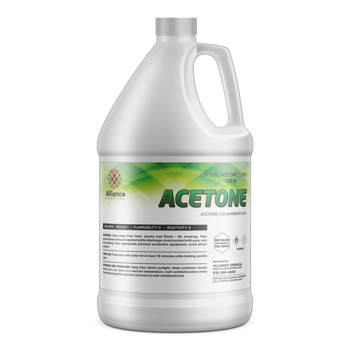 Alliance Chemical One-gallon HDPE bottle of technical-grade acetone solvent with flammability warning