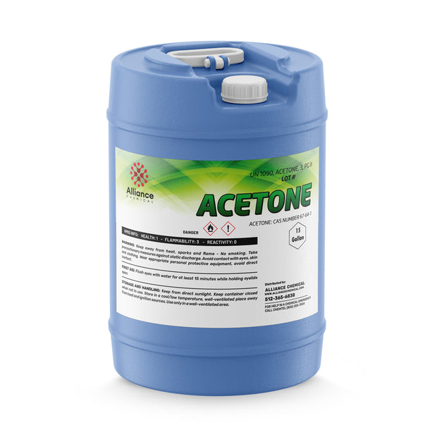 One 15-gallon HDPE jug of Alliance Chemical Acetone Technical Grade with a white screw cap and blue handle.