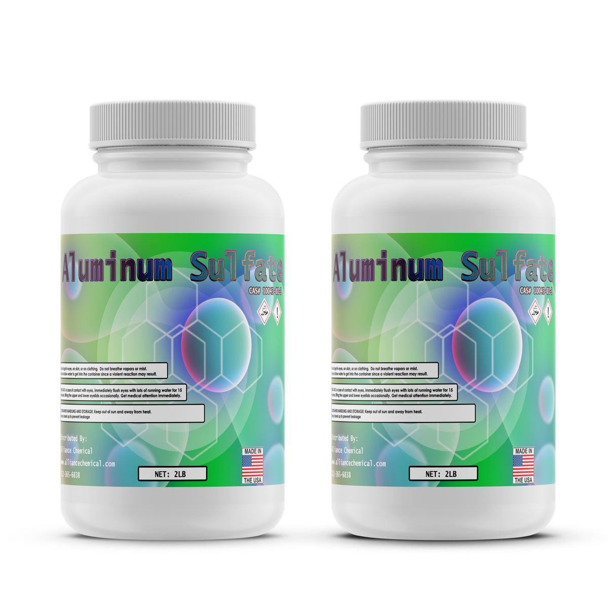 Two 2 lb bottles of Alliance Chemical Aluminum Sulfate Hydrate ACS Grade with white screw cap and product label.