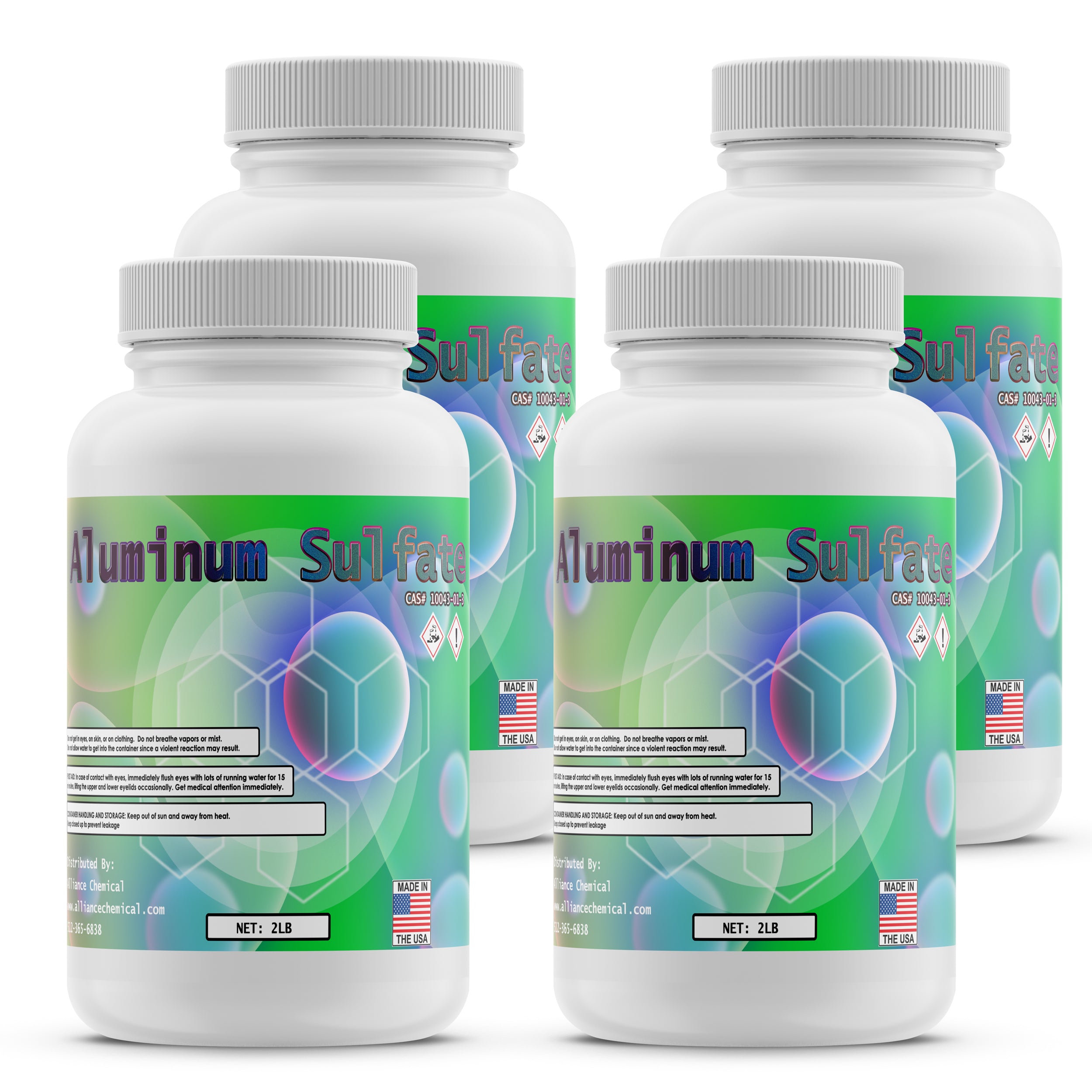2-lb bottles of ACS-grade Aluminum Sulfate hydrate in white HDPE containers with green labels, GHS warning symbols, USA-made, 4-pack retail set.