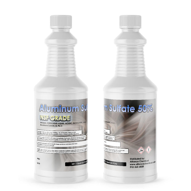 Two 1-quart plastic bottles of Alliance Chemical Aluminum Sulfate 50% with white caps and product labels.